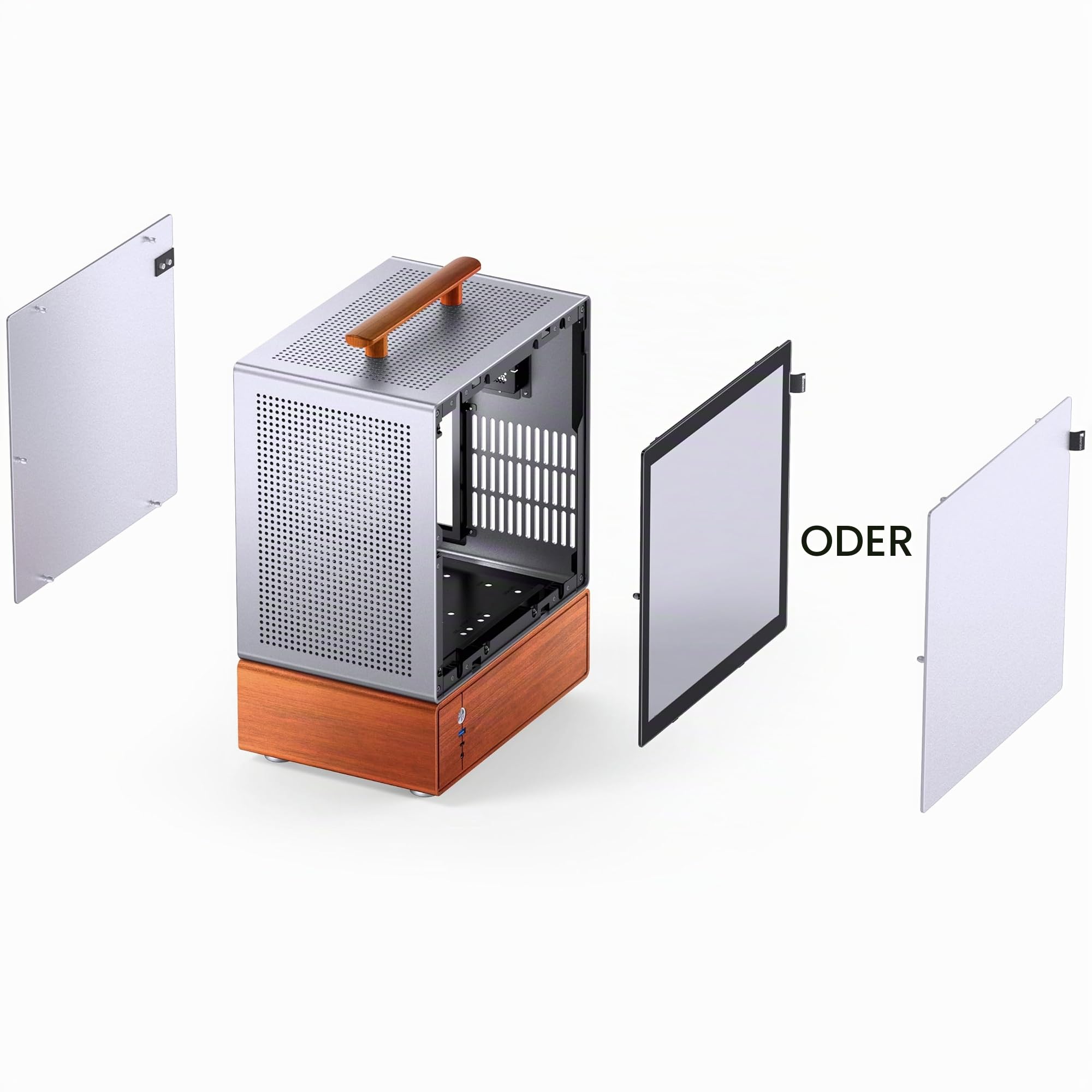 Jonsbo T7 Micro-ATX PC-Gehäuse – Silber | mATX Case mit Aluminium & Holzgriff, Tempered Glass, Zwei-Kammer-Design, USB-C