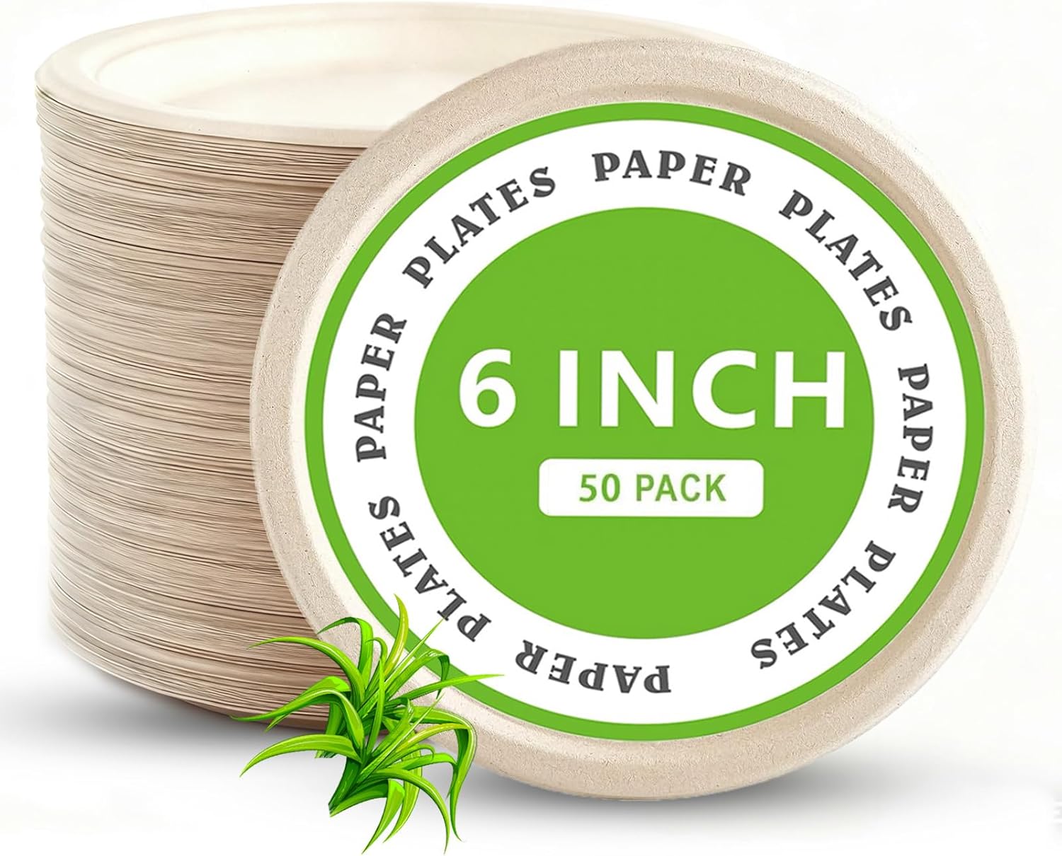 Disposable Paper Plates, 6 inch Heavy Duty Paper Plate, Soak and Cut Proof, Natural Biodegradable Bagasse Plates for Microwave, Dinner, Party, Picnic,50 Pack