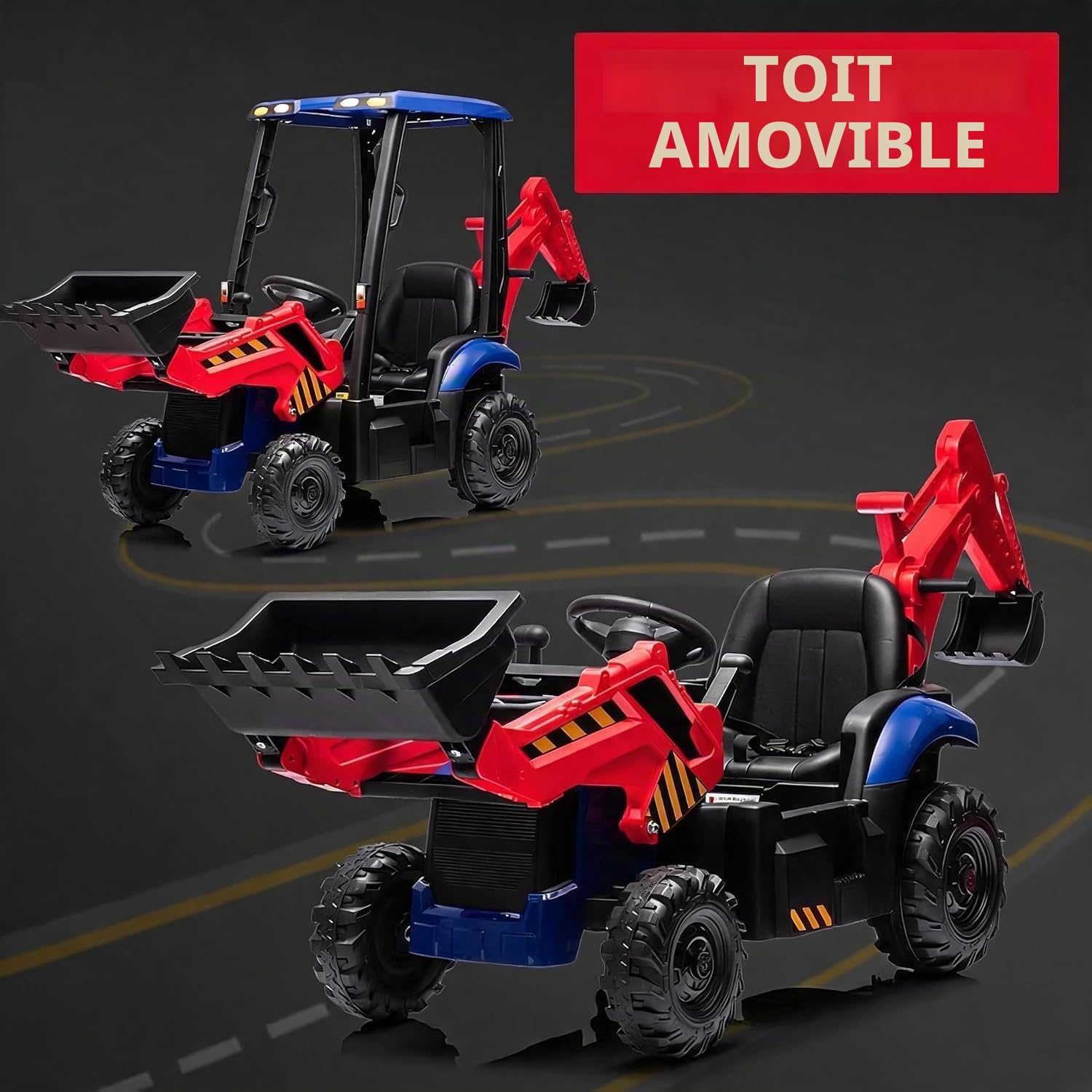 Garvee 12V Tracteur Électrique pour Enfants avec Klaxon, Télécommande 2,4G, 4 en 1 Excavatrice Électrique avec Pelle, Bulldozer, Plafond Amovible, 2-4km/h pour Enfants de 3 Ans+, Rouge