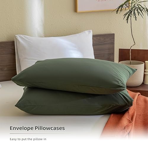 Miniatura 6 de Sanracie Juego de edredón tamaño Queen de color verde oliva, 100 % algodón, juego de edredón de color verde oscuro, juego de ropa de cama de 3