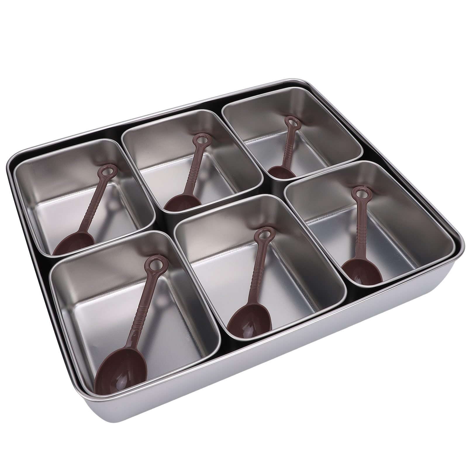 Bandeja para servir dividida con 6 cucharas, 6 compartimentos, caja de condimentos dividida de gran capacidad para fruta (Estilo de acero inoxidable)