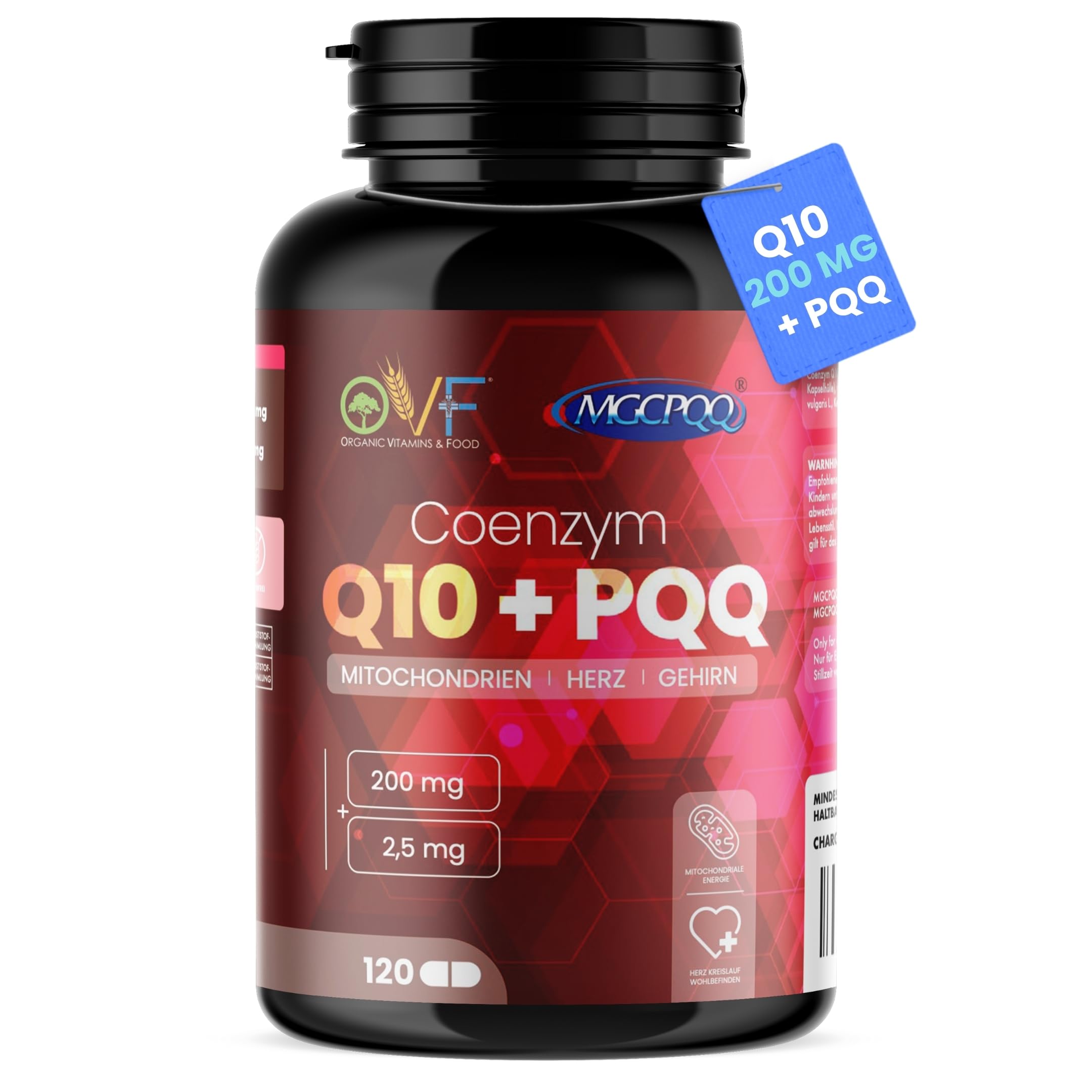 OVF Coenzym Q10 + Pqq 120 Kapseln 200mg Coenzym Q10 Kapseln Hochdosiert Coq10 Nahrungsergänzungsmittel Energía y Bienestar Reduce el Cansancio Antioxidantien Hochdosiert Vegan Made In Italy
