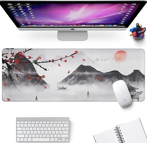 Miniatura 2 de Alfombrilla de mouse japonesa para juegos de flor de cerezo, alfombrilla de escritorio grande con borde cosido, base de goma antideslizante,