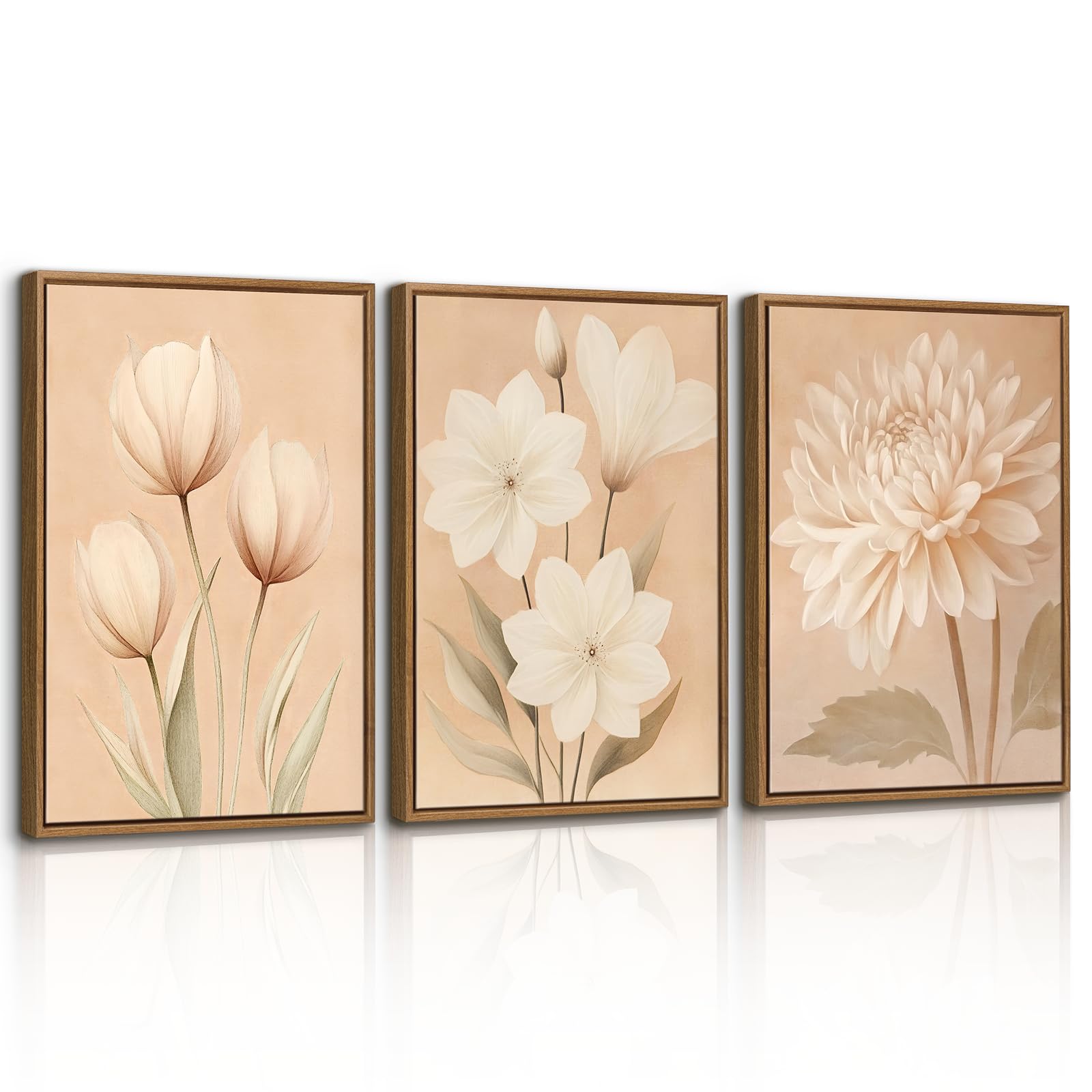 WENGTIAO Canvas Wall Art Framed Set of 3, Vintage Floral Pictures, Boho Minimalist Flowers Painting Prints on Canvas for Living Room Bedroom Home Wall Decor 40x60cmx3