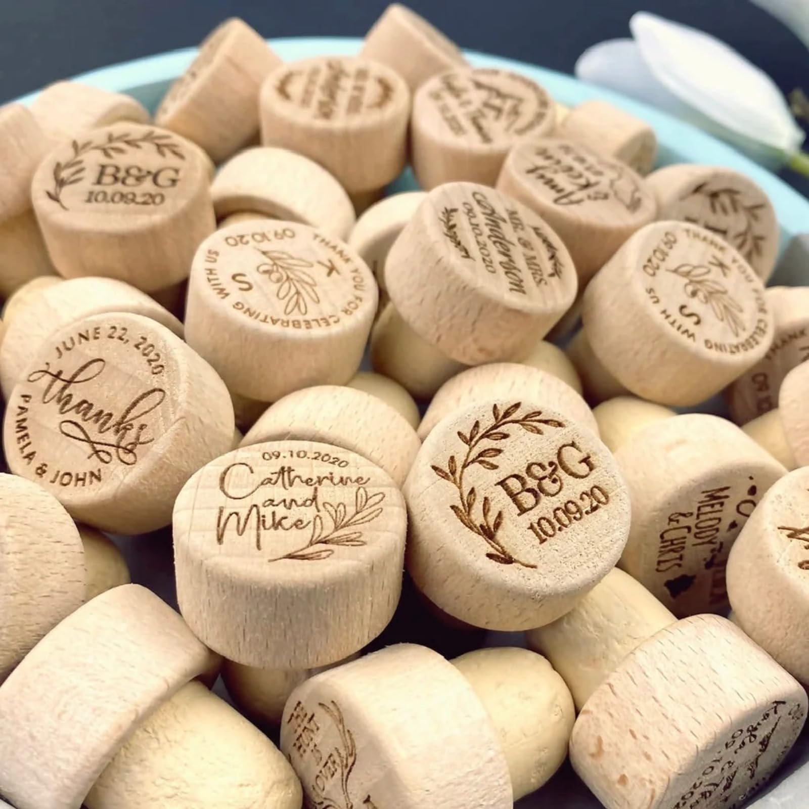 Lot de 100 bouchons de vin en bois personnalisés pour décoration de mariage avec motif laser, cadeau pour invités