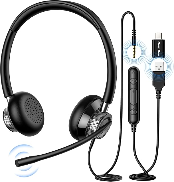 New bee USB Headset with Microphone for Laptop, PC Headset Business Headset with MIC USB/Type-C/3.5 mm for Computer Call Centre Office Telephone Conferencing Skype Chat Webinar Presentation