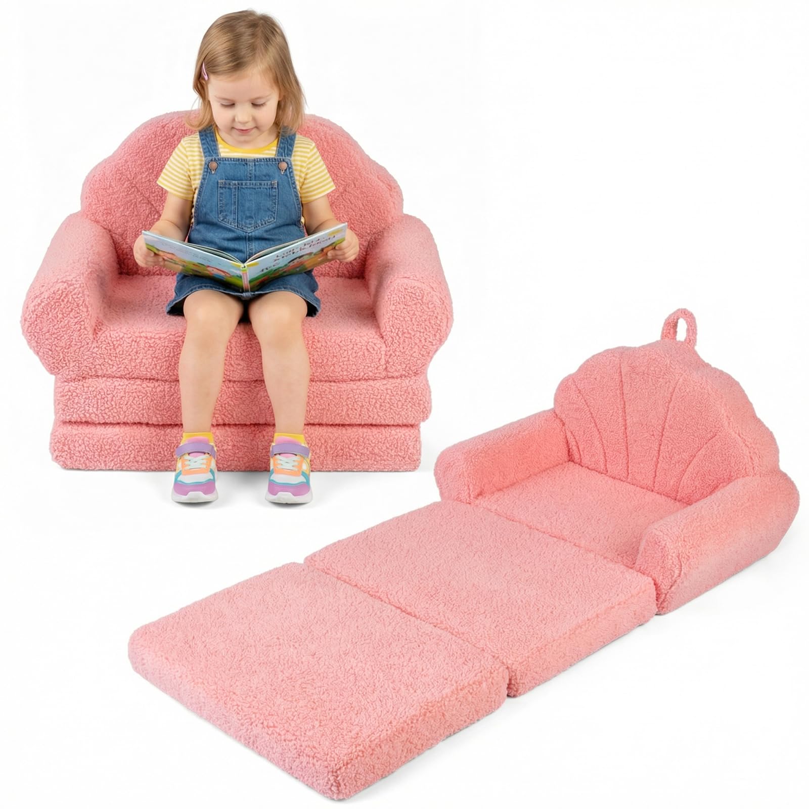 COSTWAY 2 en 1 Canapé-lit Enfant Pliable avec Motif Coquillage, Fauteuil Enfant Convertible en Polaire Teddy avec Housse Amovible & Lavable, Chauffeuse 1 Place pour Cadeau d'anniversaire Fête (Rose)