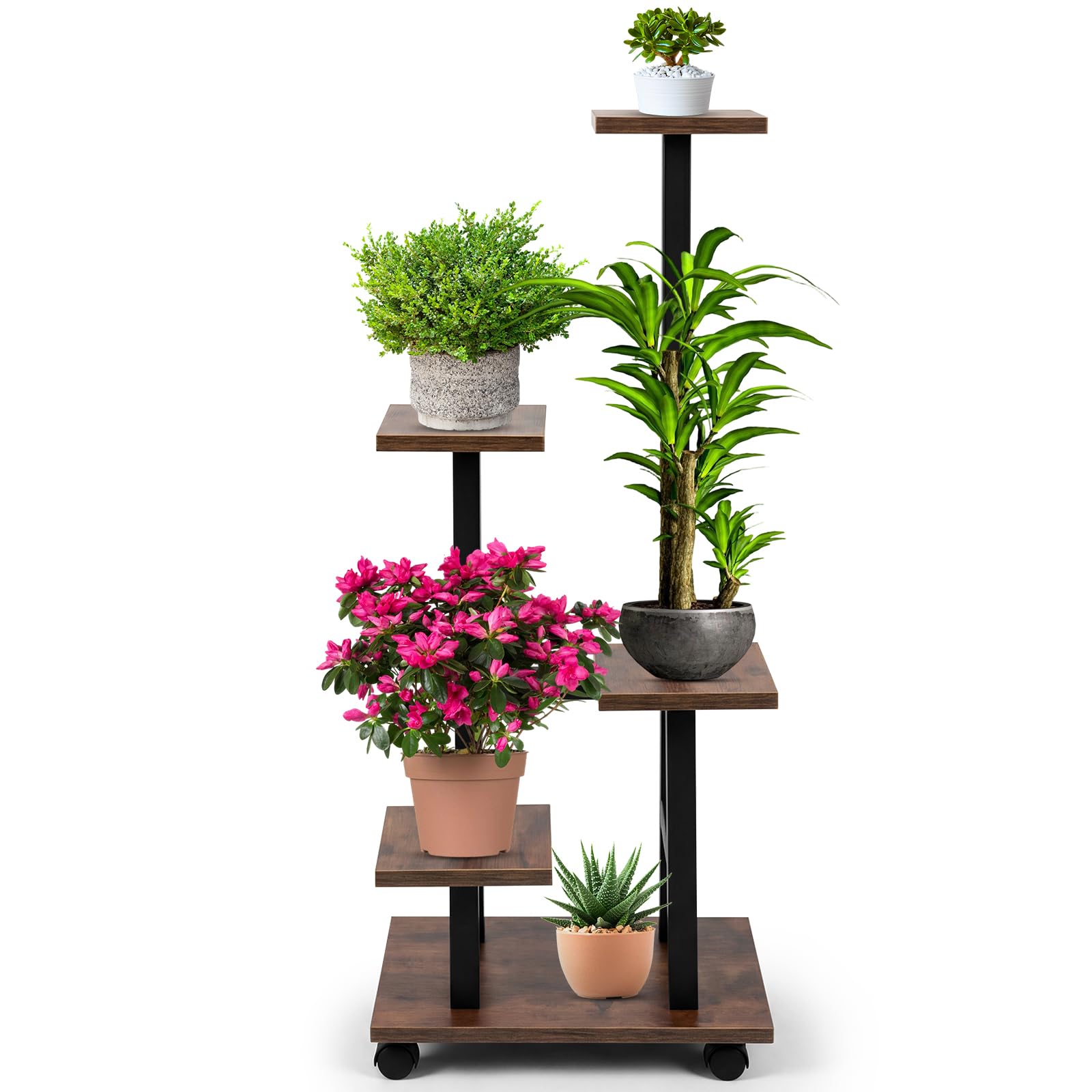 Vyranut 5 Tier Round Plant Stand with Wheels, 85 cm Indoor Plant Shelf with Wood-Effect Shelves and Metal Frame, Rolling Corner Flower Pot Stand for Living Room, Balcony, Bedroom and Office