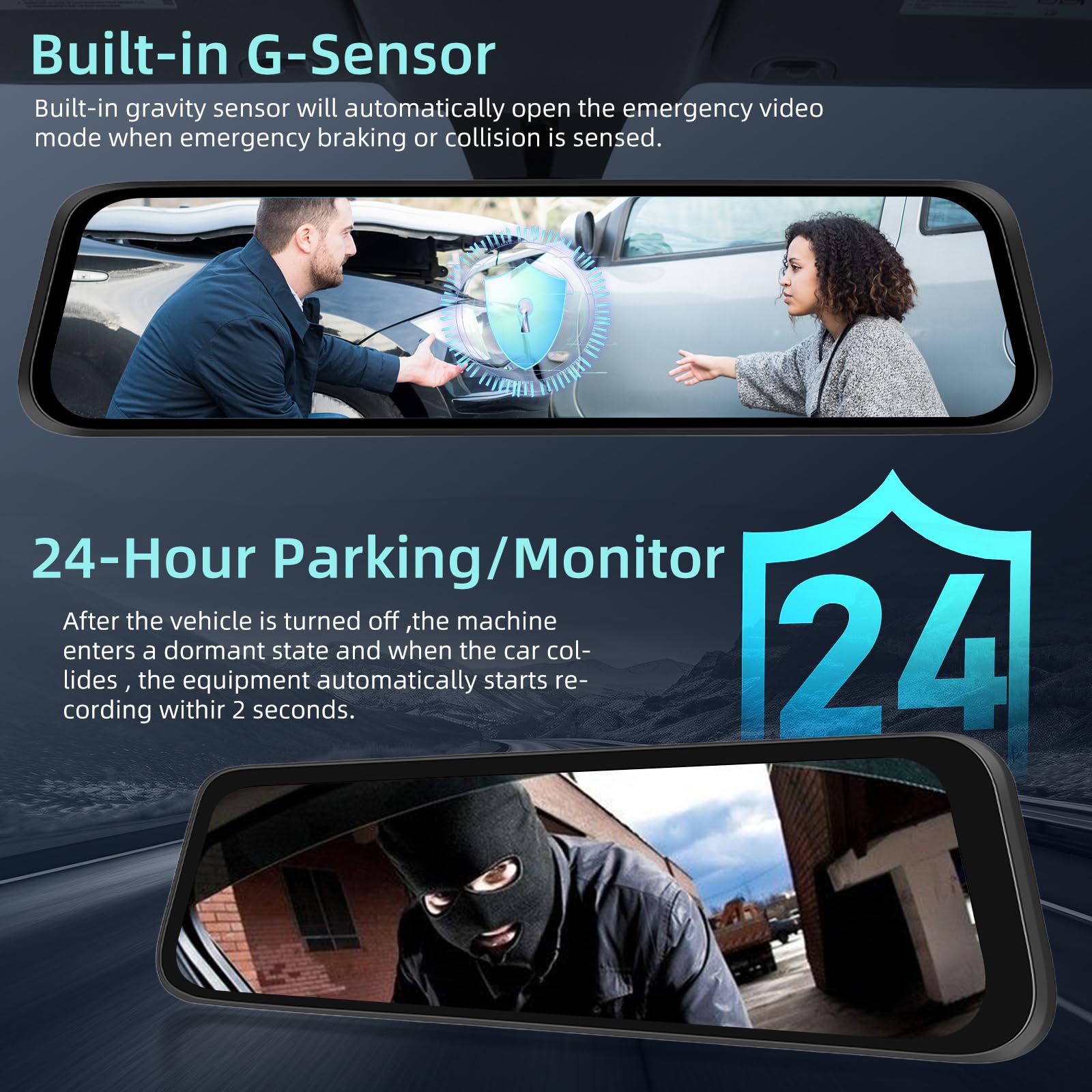11.8 Pulgadas Espejo retrovisor con Camara - Delantero y Trasero Vista de Copia de Seguridad de cámaras para Coches - Grabación en Bucle Asistente de Aparcamiento G-Senors + 64G Tarjeta