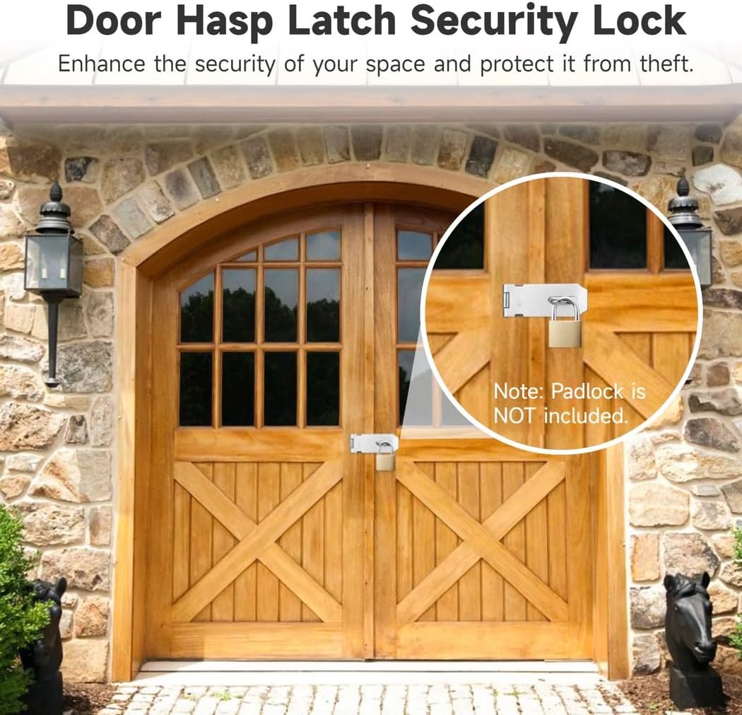 6-Piece Stainless Steel Door Hasp Latch Set, 4-Inch Brushed Finish, Includes Screws for Easy Installation, Ideal for Doors, Cabinets, Gates, Sheds
