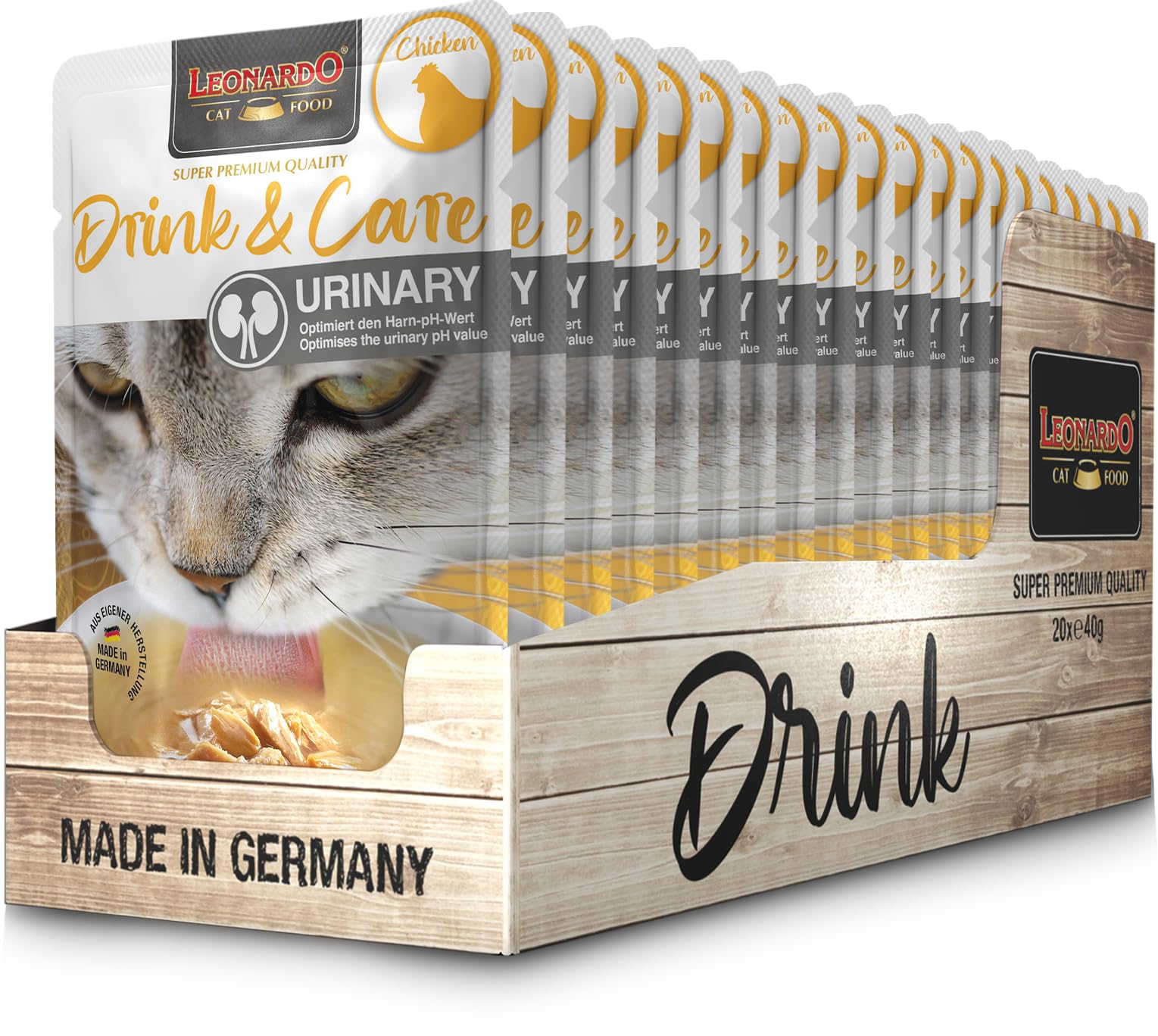 LEONARDO Drink & Care Urinary Chicken 20 x 40 g, pyszny napój dla kotów dla optymalnej wartości pH