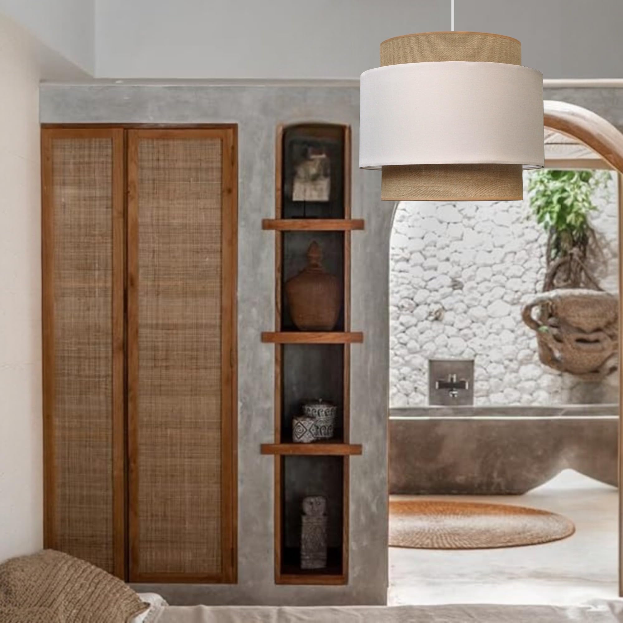 BALI Lámpara estilo BOHO 2xE27, pantalla de tela, Ø38 cm (yute natural y algodón) lámpara de techo para habitación infantil, salón, dormitorio y cocina, fabricada en la UE