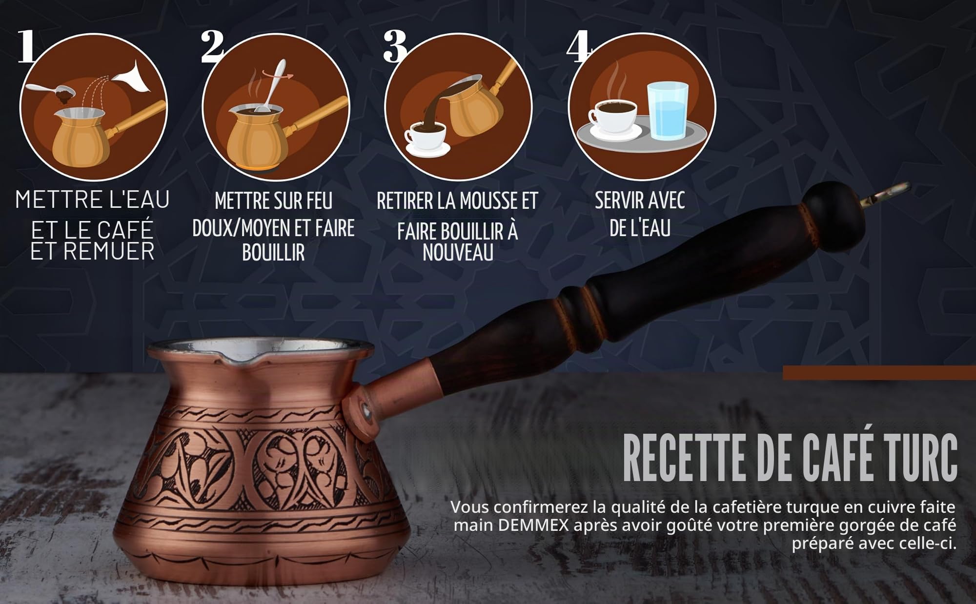 DEMMEX Cafetière Turque Grecque Arabe en Cuivre le Plus Épais, Pot à Café pour Cuisinière, Cezve Ibrik Briki avec Manche en Bois & Cuillère, (Gravé à la Main (270 ml))