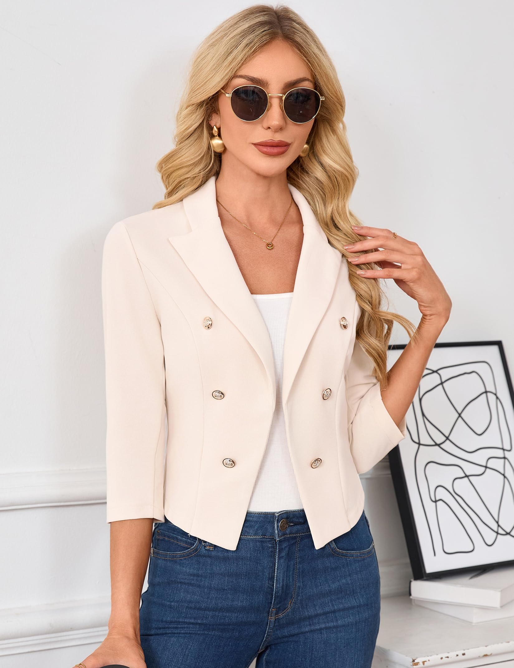 Damen Kurz Blazer 3/4 Ärmel Reverskragen Cardigan Business Bolero Open Front(Verpackung MEHRWEG)