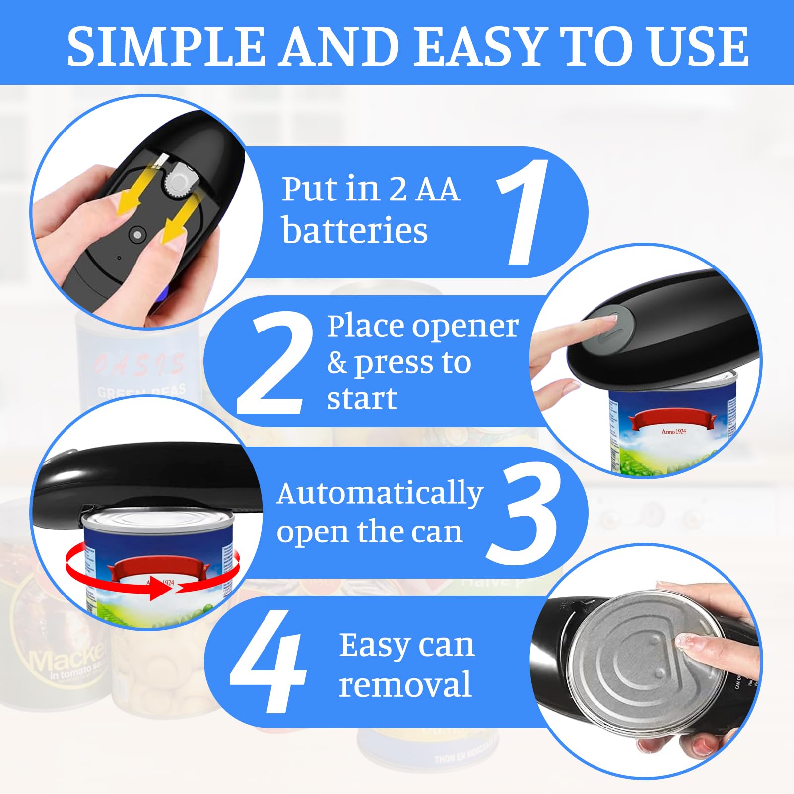 Apriscatole Elettrico, One Touch Automatico Apriscatole Mani Libere Design Compatto Senza Fili Gadget da Cucina con Bordo Liscio per Artritici/Anziani/Home