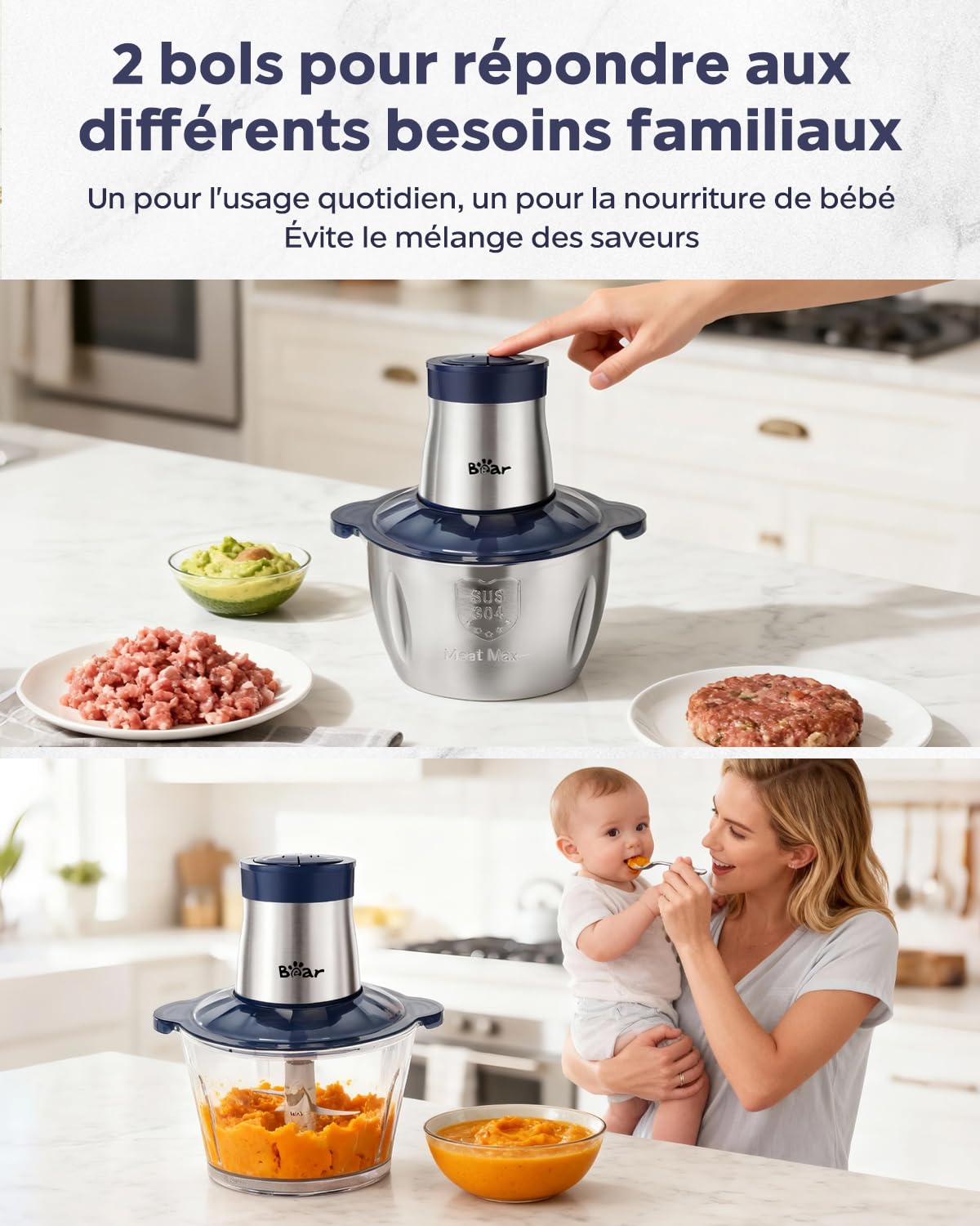 Bear 2L+1.8L Hachoir à Viande Électrique Verre + Acier Inoxydable 600W 2 Vitesses Hachoir avec 4 Lames en Acier Inoxydable et Hachoir à Viande, Hachoir à Viande, Nourriture Bébé, Fruits Légumes