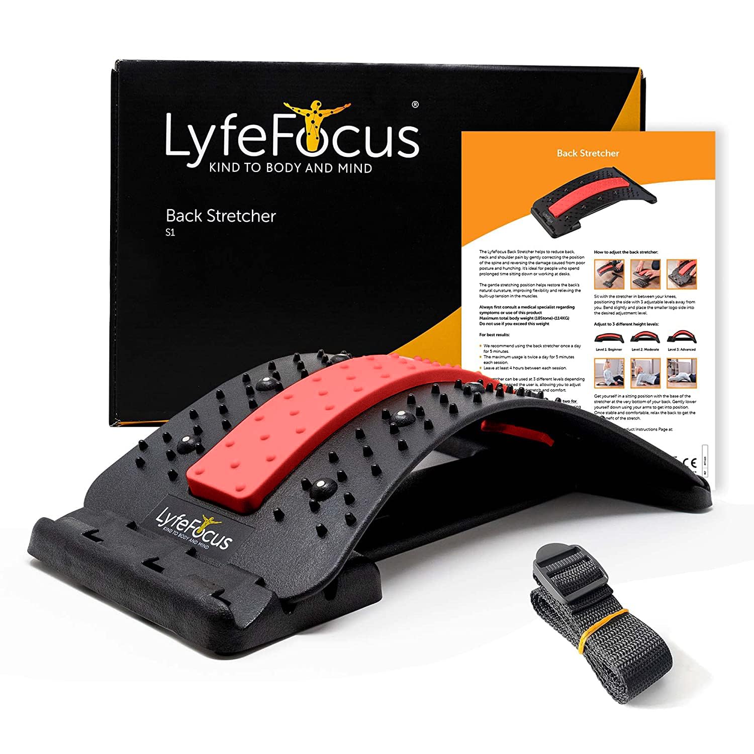 LyfeFocus Back Stretcher & Acupressure Massager for Back & Neck Pain - Comfortable Adjustable Spine Stretcher Posture Corrector - Spine Board Lumbar Support - Magnetic Therapy & Chair Strap (Red)
