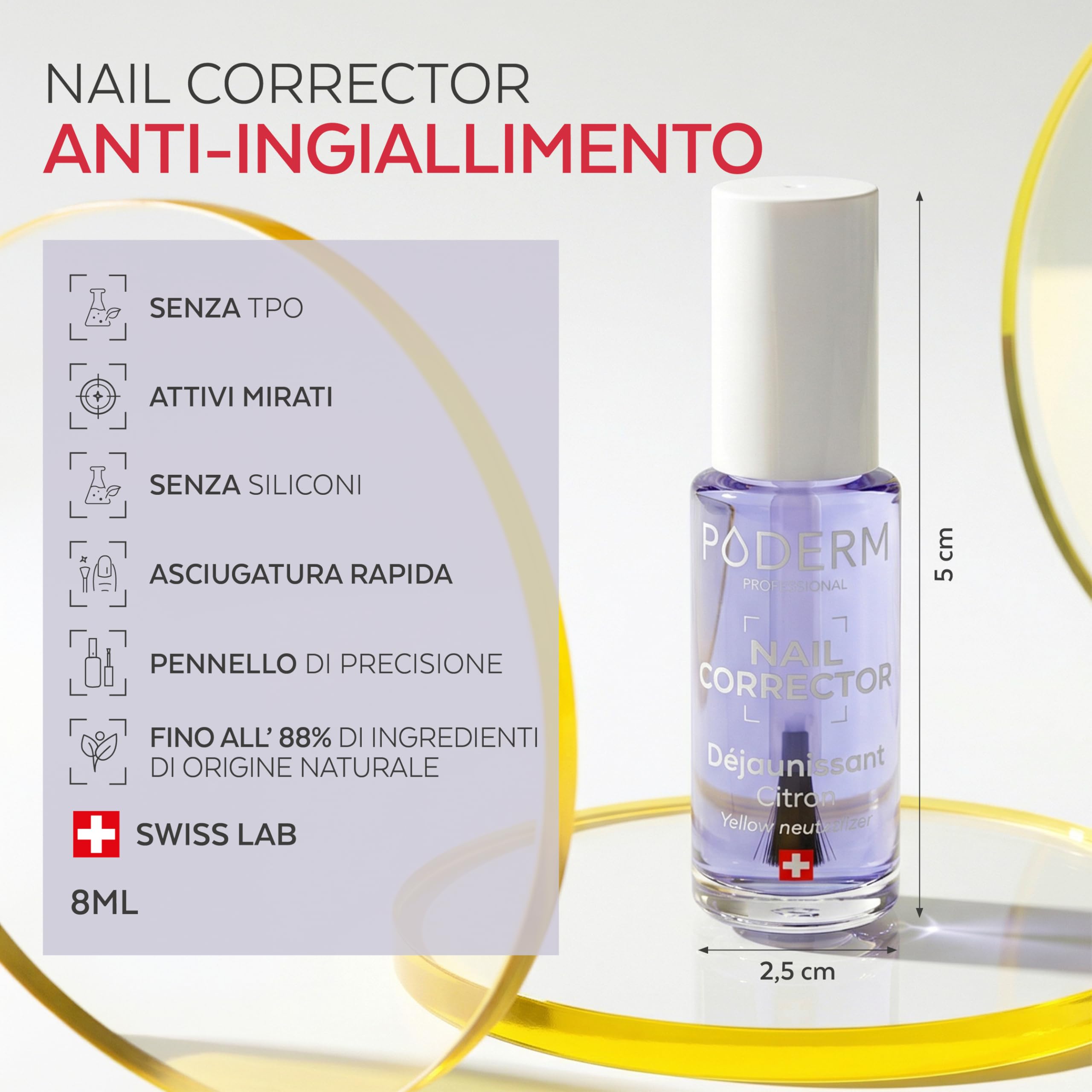 PODERM Smalto Trattamento Correttore & Perfezionatore – De-Ingiallente al Limone | 8 ML – Ripristina la Chiarezza con Finitura Brillante per Unghie Macchiate | Sviluppato da un Podologo in Svizzera