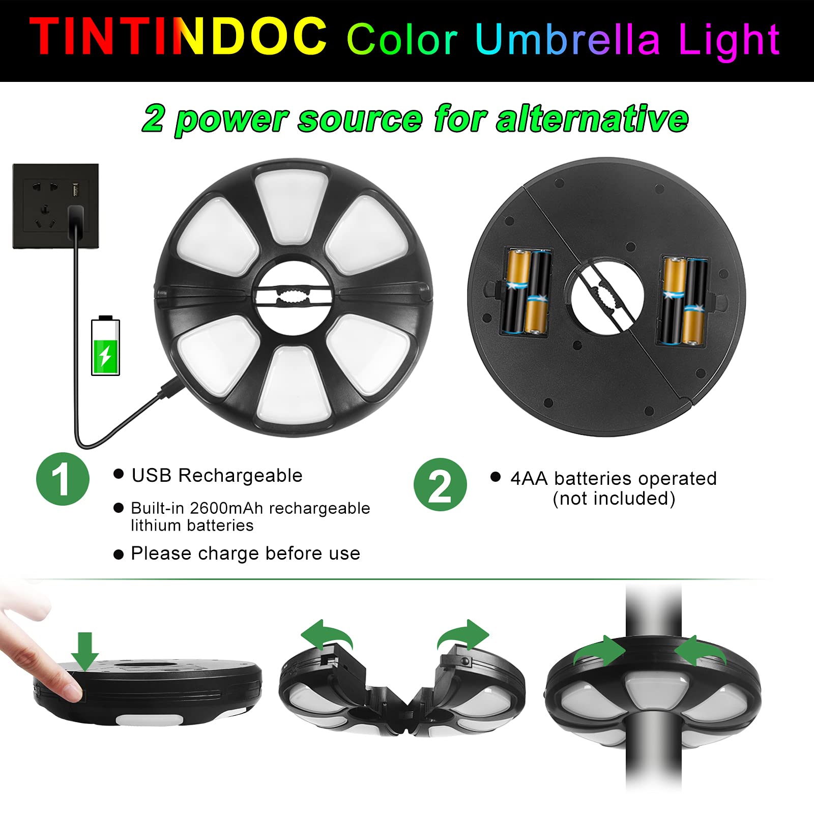 Lampe de parasol colorée avec télécommande pour parasol de terrasse rechargeable/pile AA 300 lumens/intensité variable en continu pour table de patio