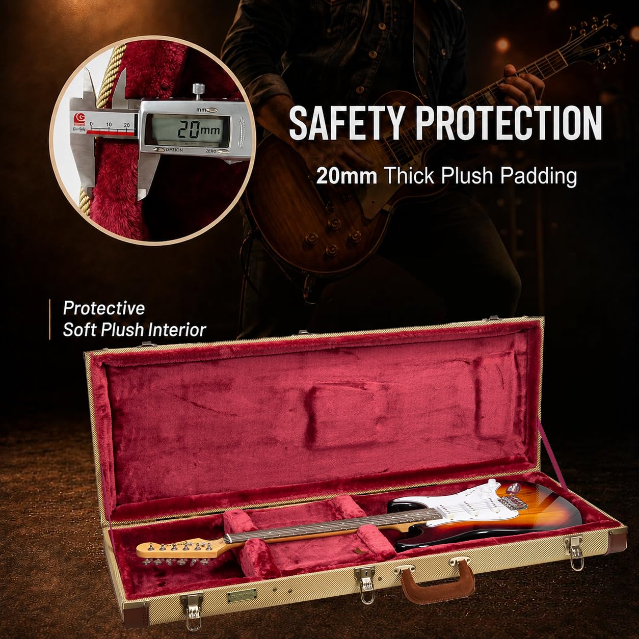 Crossrock Etui na gitarę elektryczną Master Series do Fender Stratocaster i Telecaster, tkanina tweedowa na zewnątrz, przeprojektowana drewniana powłoka, skórzany uchwyt (CRW720EFT)