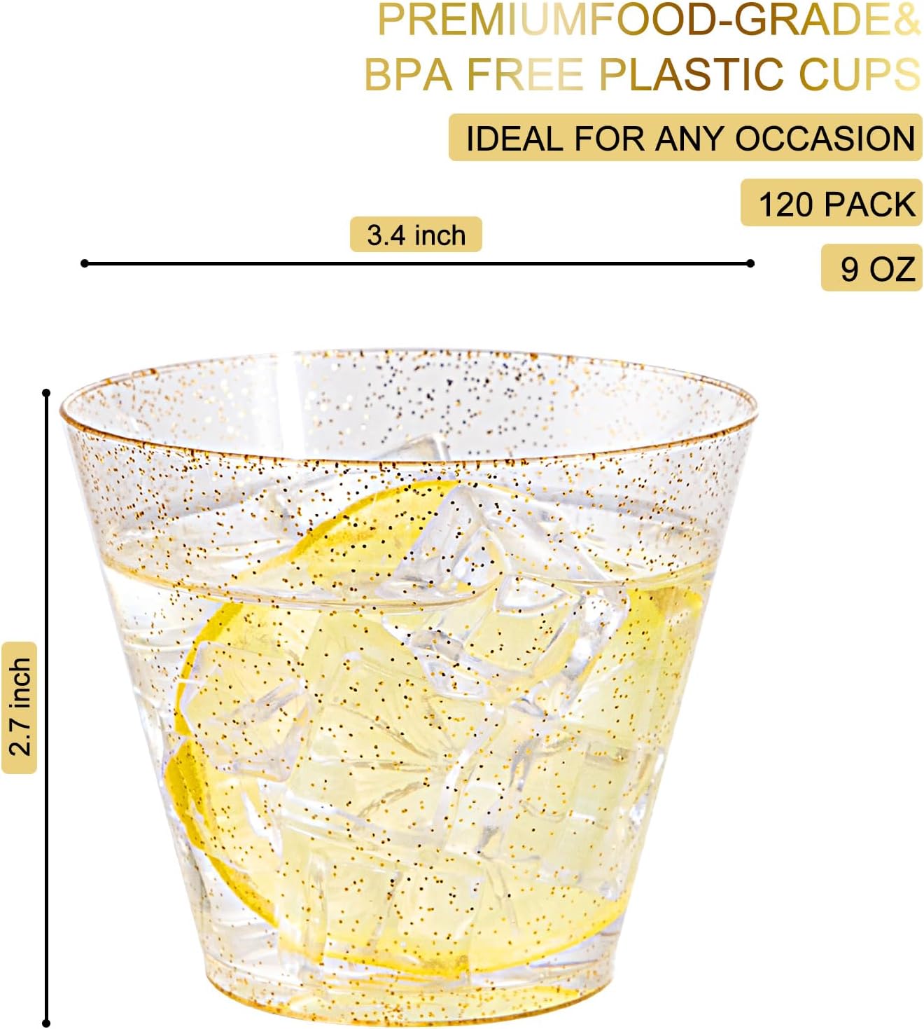 Nervure 120PCS Gold Glitter Plastic Cups - 9oz Heavy Duty Plastic Cups - Gold Disposable Cups for Wedding, Thanksgiving, Birthday, Halloween & Christmas Party