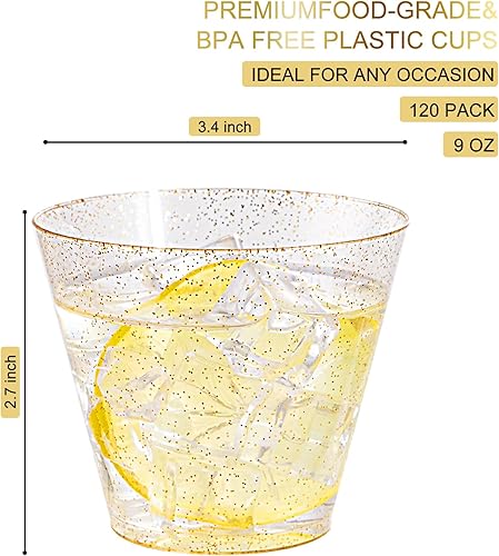Miniatura 2 de Nervure 120 vasos de plástico con purpurina dorada, vasos de plástico resistentes de 9 onzas, vasos desechables dorados para bodas, Acción de