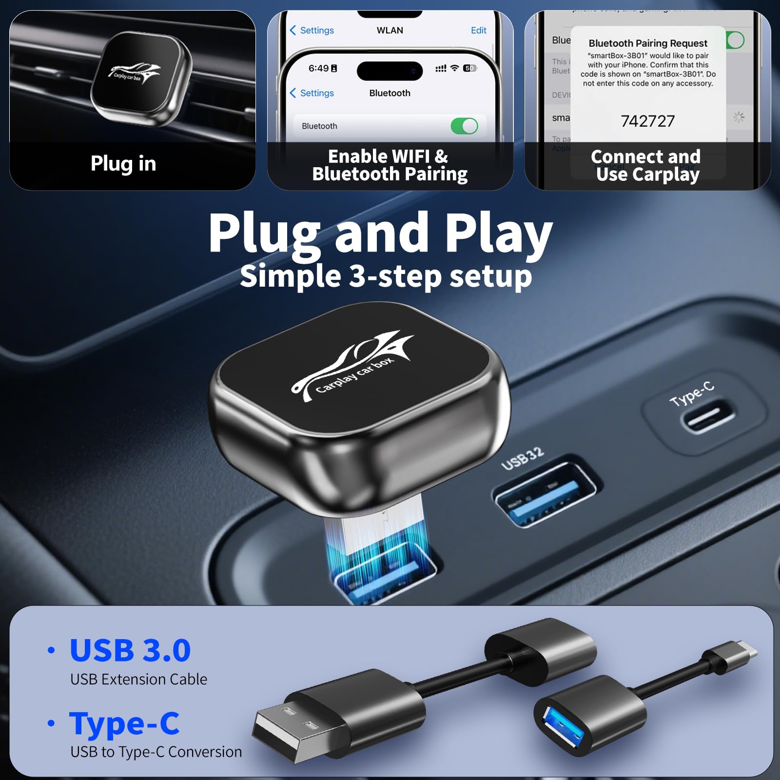 Mini Adaptateur CarPlay sans Fil, 2 en 1 pour Android Auto sans Fil, Plug and Play, Type-C/USB Compatible avec iOS 10+/Android 11+et Autos à partir de 2017, Connexion Rapide Stable