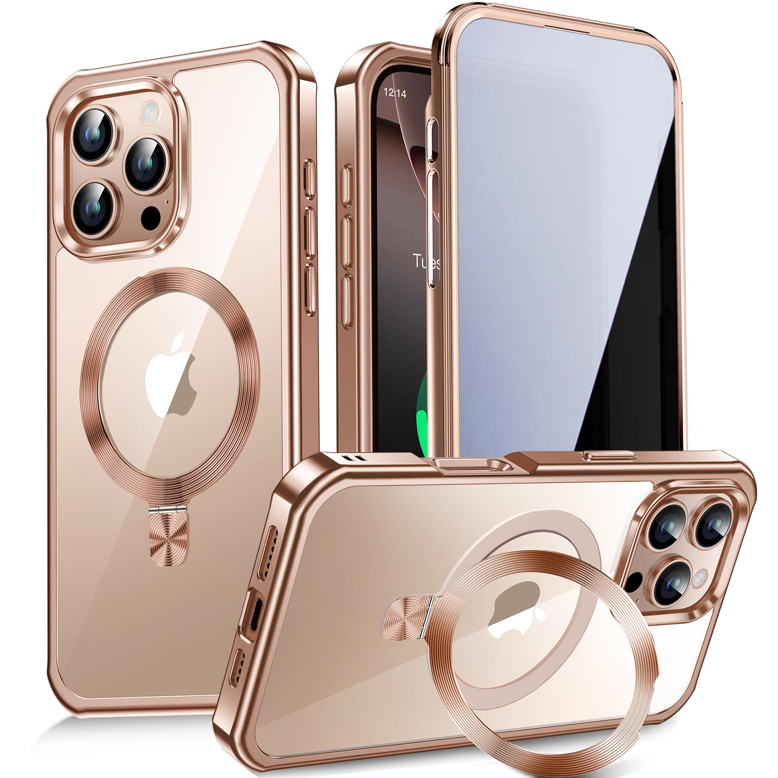 Photo 1 of [CD Metal Ring Stand + Built-in Privacy Screen Protector] Magnetic Case for iPhone 16 Pro 6.3" [Soft Bumper Full Signal] [Compatible with MagSafe] 9H Glass Full Body Shockproof Clear Case, Desert Gold