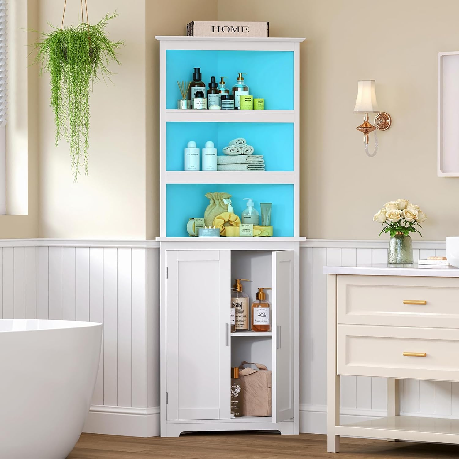 TEENFON Tall Corner Cabinet with LED Lights, 5-Tier Bathroom Corner Cabinet with Adjustable Shelf, for Living Room, Dining Room, White