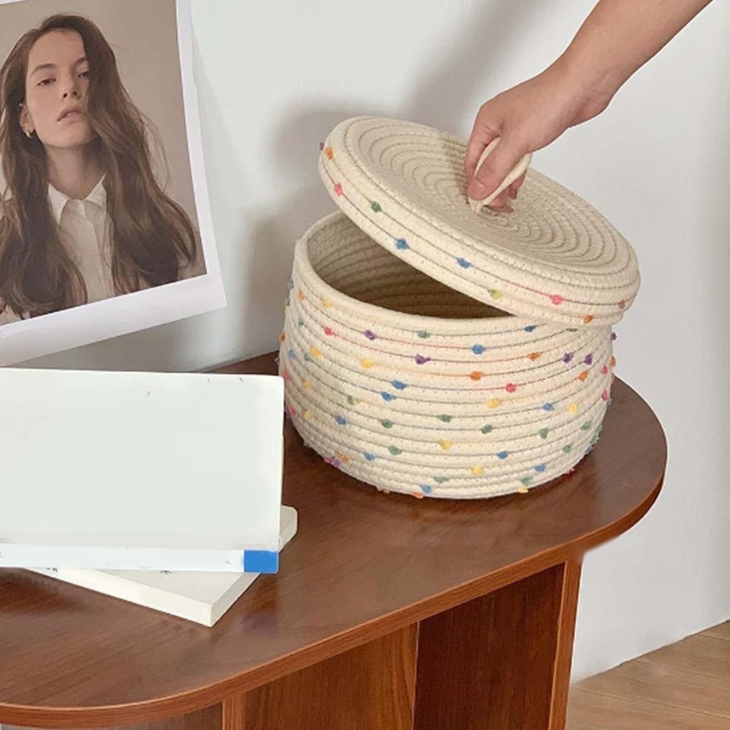 Woven Storage Basket with Lid, Round Cotton Rope Storage Basket image 3