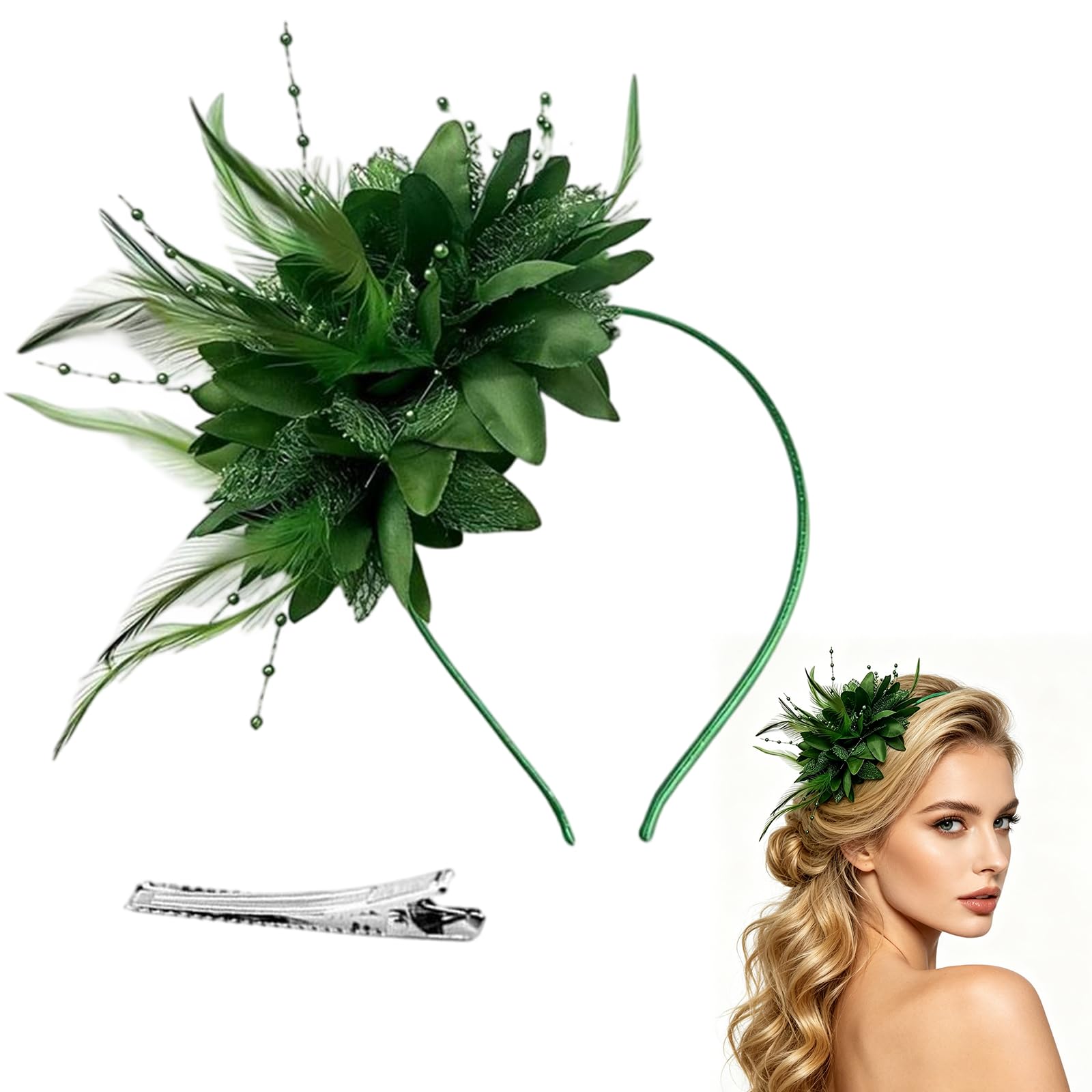 FUNLOV Feather Pearl Veil Headband with a Forked Clip for Girls & Women, Fascinators Hat Flower Mesh Ribbons Feathers on a Headband Tea Party Headwear for Wedding Cocktail Dresses Accessories (Green)