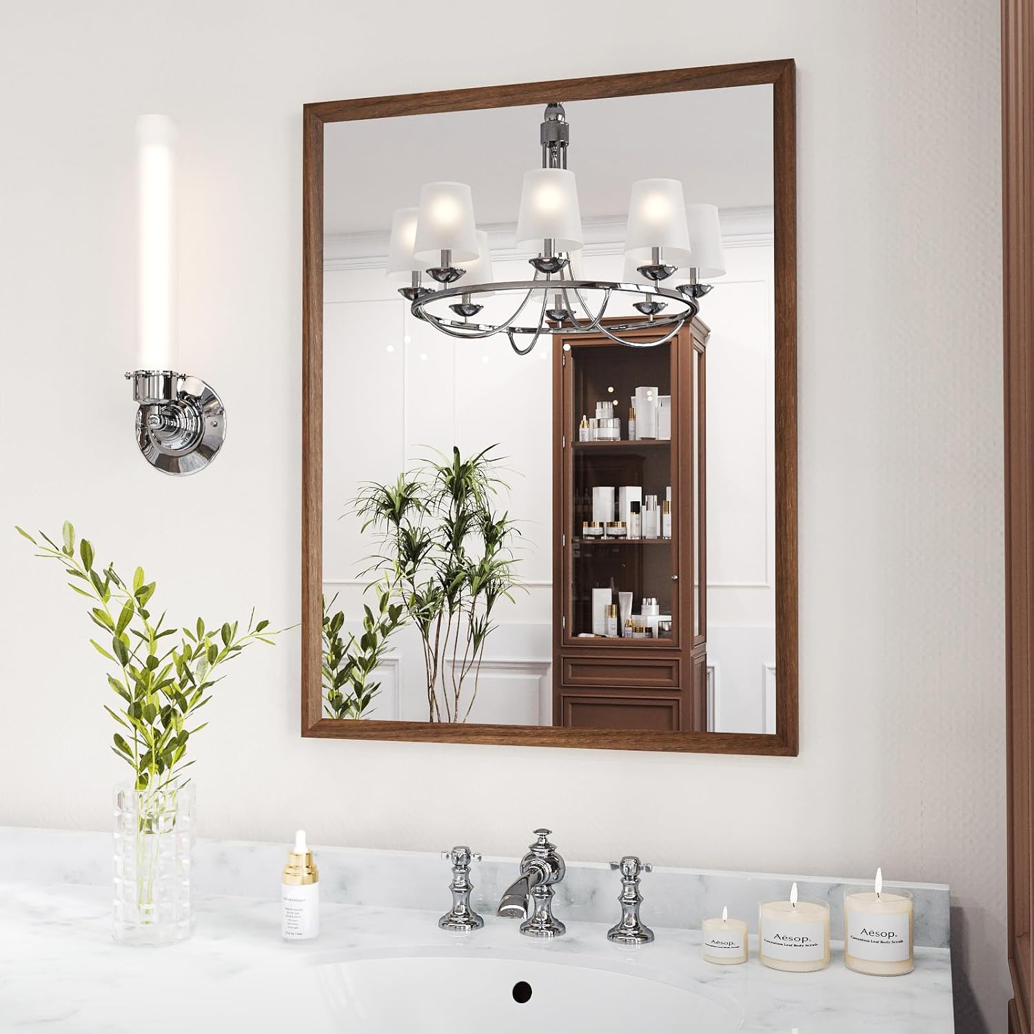 WEER Walnut Bathroom Mirror Walnut Framed Mirror 22X30 Inch Rectangle Wall Mounted Bathroom Vanity Mirror with Tempered Glass