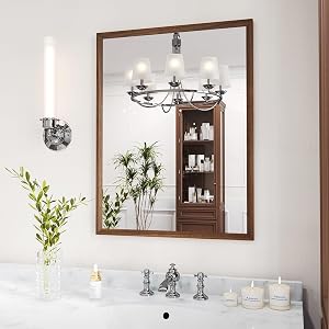 WEER Walnut Bathroom Mirror Walnut Framed Mirror 22X30 Inch Rectangle Wall Mounted Bathroom Vanity Mirror with Tempered Glass