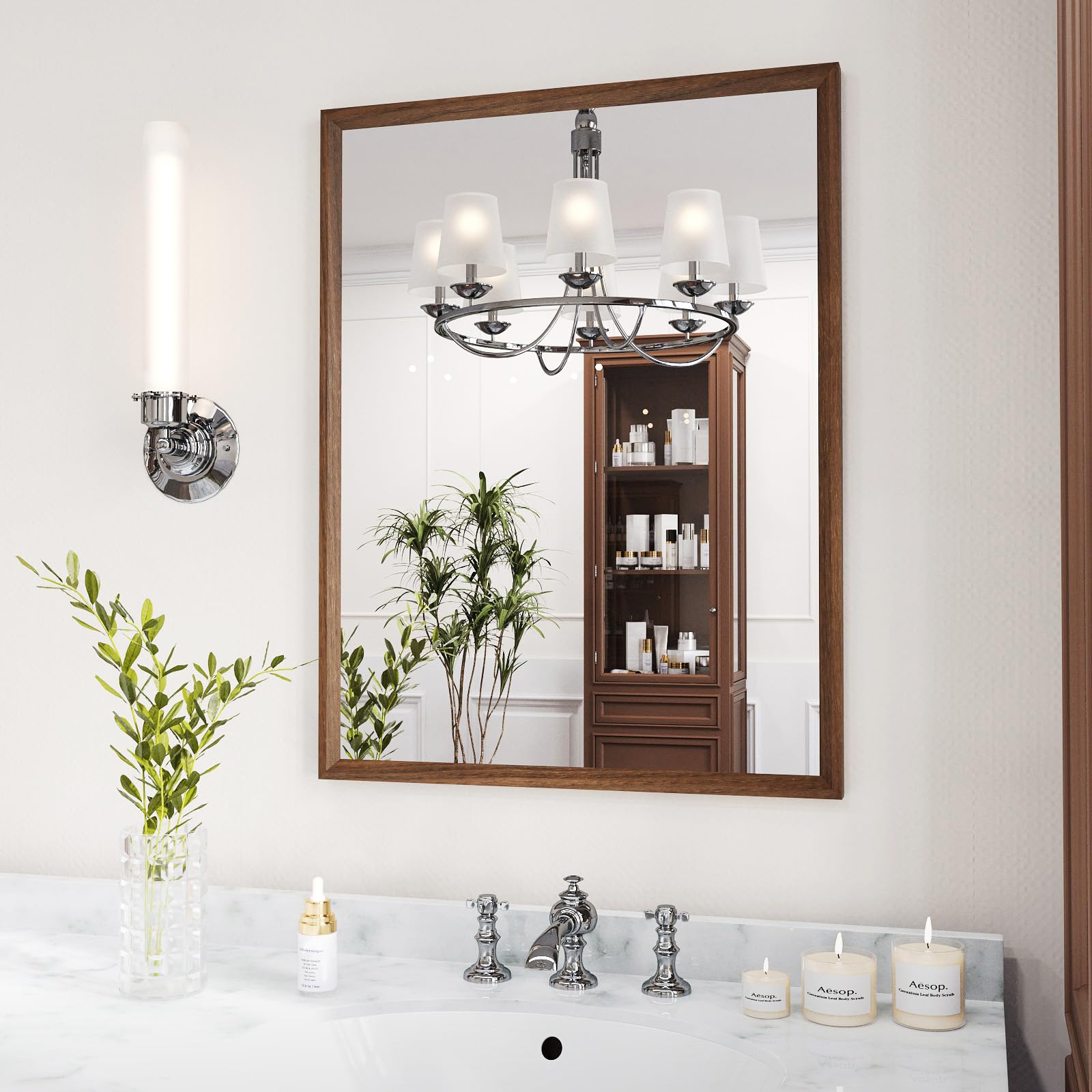 WEER Walnut Bathroom Mirror Walnut Framed Mirror 22X30 Inch Rectangle Wall Mounted Bathroom Vanity Mirror with Tempered Glass