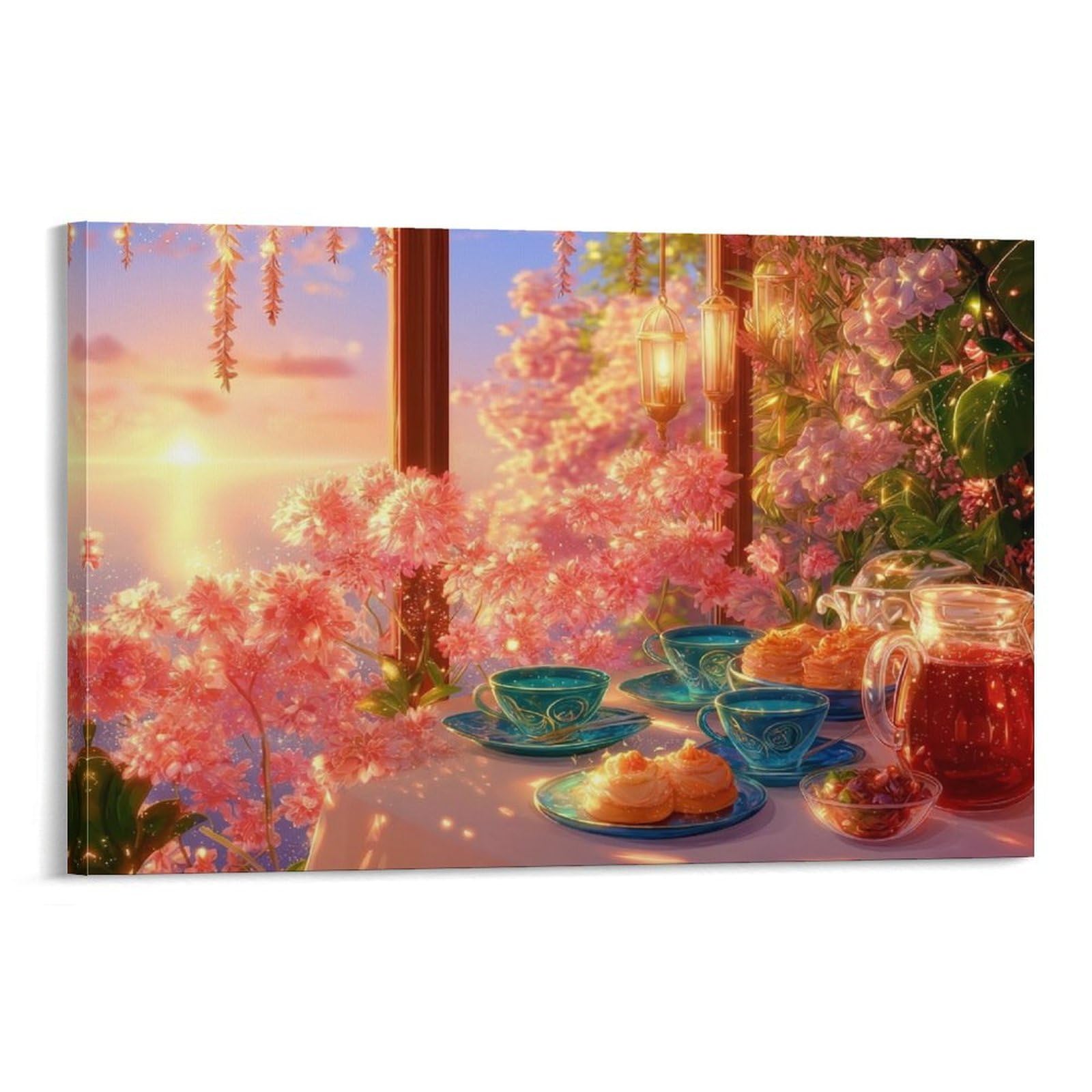 CPLVKWRQJ Spring Tea Time Scene Single Piece Sunset Tea Table Surrounded by Pink Blooms Canvas Wall Hanging - Nursery Space Saving Removable Ready to Hang Decor 20x30inch(50x75cm)