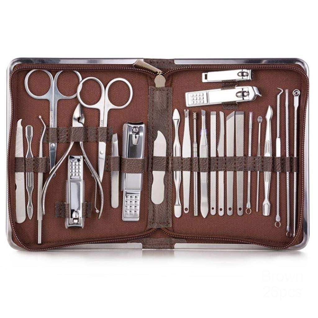 HMTE Set di 26 Pezzi di tagliaunghie Professionali per Manicure Set di Strumenti per Unghie per pinze per cuticole in Acciaio Inossidabile (Color : Pink) (Marrone)
