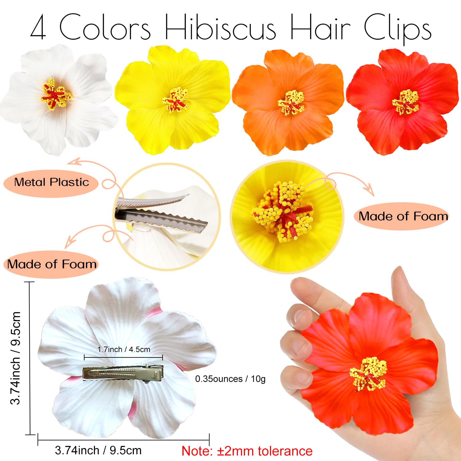 Condition photo showing New/Like New for 4pcs hawaiian flower hair clips for women,plumeria hibiscus hair clips rose hair barrettes 3.5 inch artificial flower clips,hair accessories for vacation beach party, boho clips for girls wedding