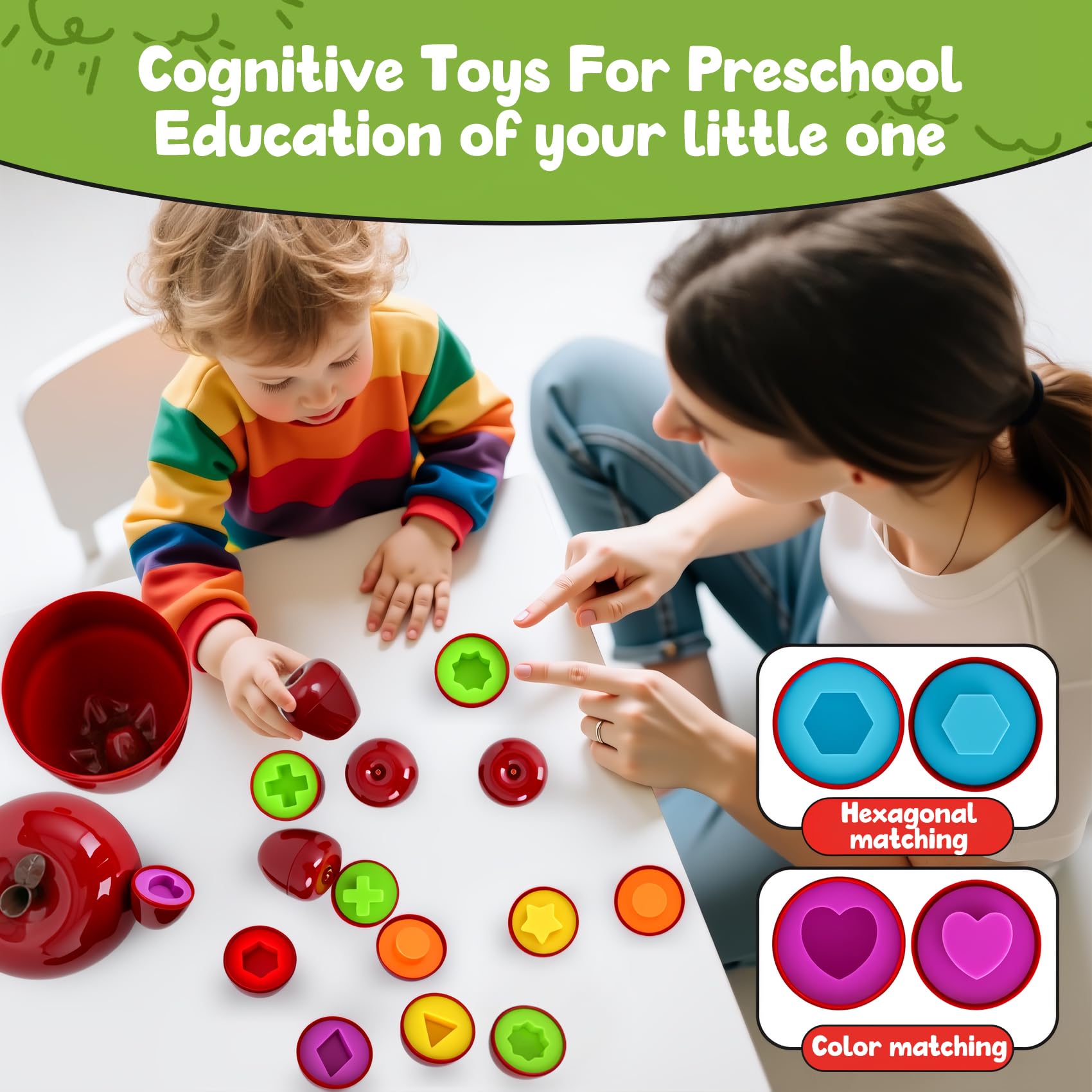 Montessori - Juguetes geométricos clasificadores de formas de manzana para niños pequeños de 1 a 3 años, educación preescolar Montessori, aprendizaje de clasificación de colores, juegos a 5