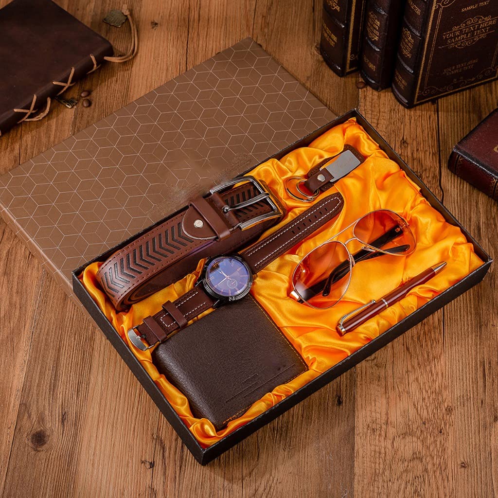 HMTE 6 Pezzi/Set Set Regalo Boutique da Uomo Nero Marrone Orologio al Quarzo Occhiali Cintura Portafoglio Portachiavi Penna a Sfera Vestito con Scatola di Regali