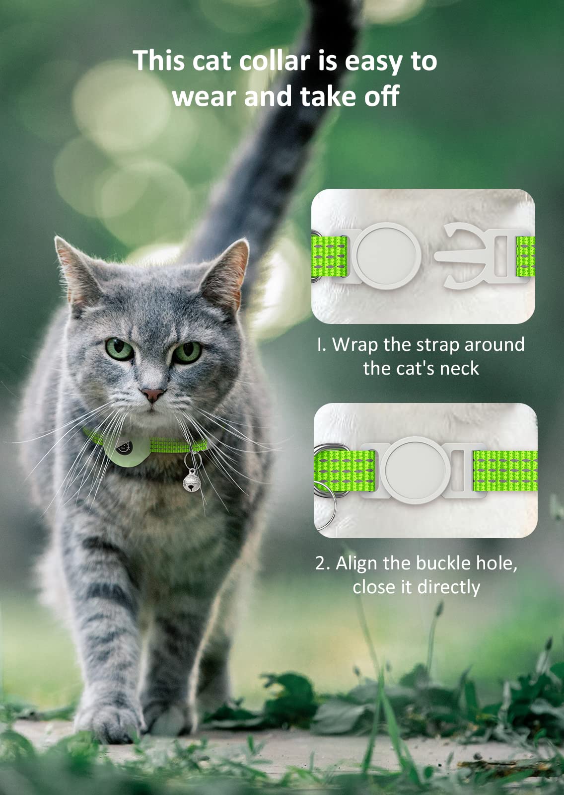 AirTag - Collar reflectante para gato, collar de gato Apple Air Tag, collar de gato GPS con soporte para AirTag y campana, collares ligeros para gatos y cachorros (verde luminoso)
