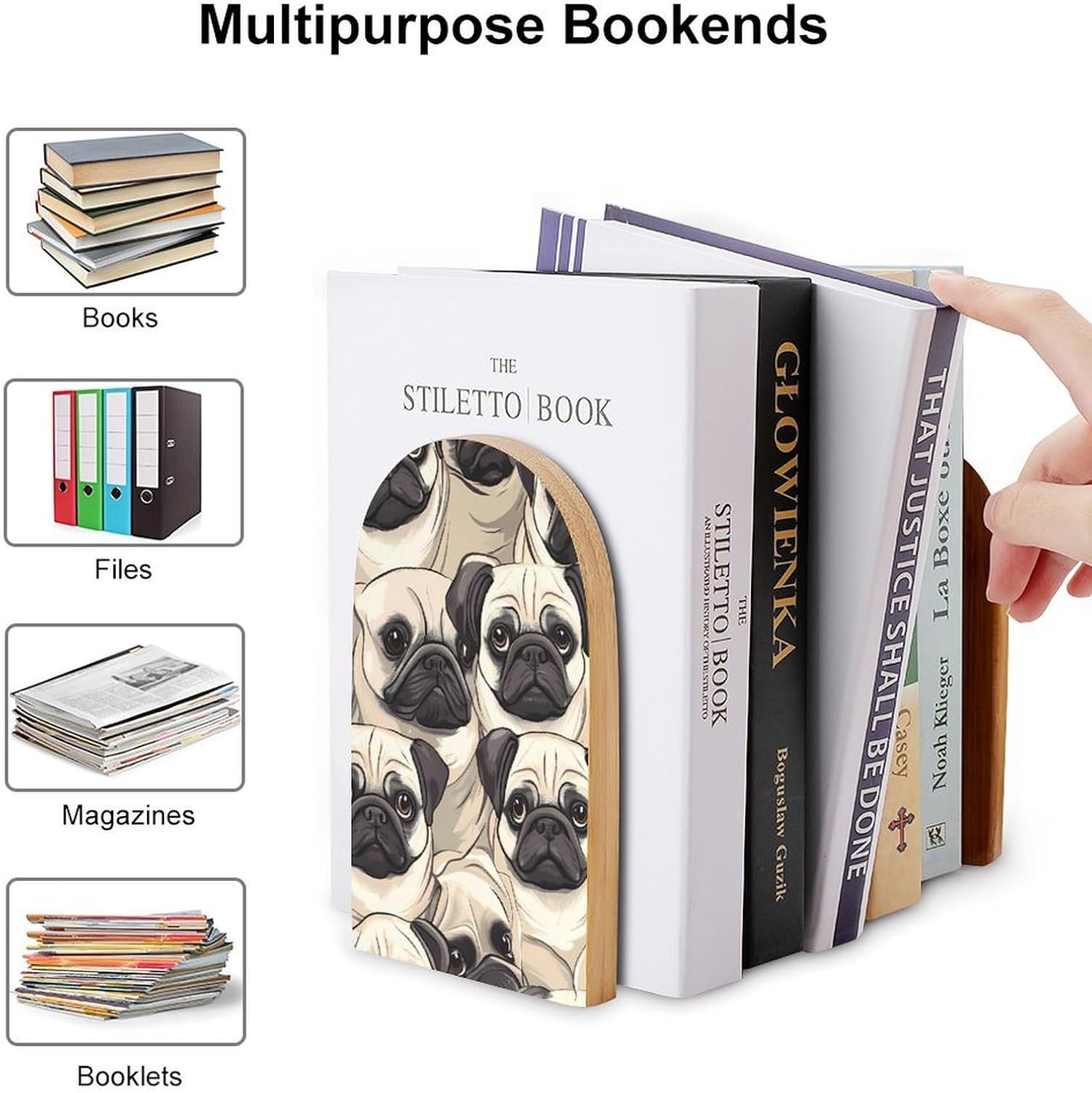 Pug Dogs Cute Wood Book Ends Decorative Bookends 1 Pair Non-Skid for Shelves Home Office 7 X 5 Inch