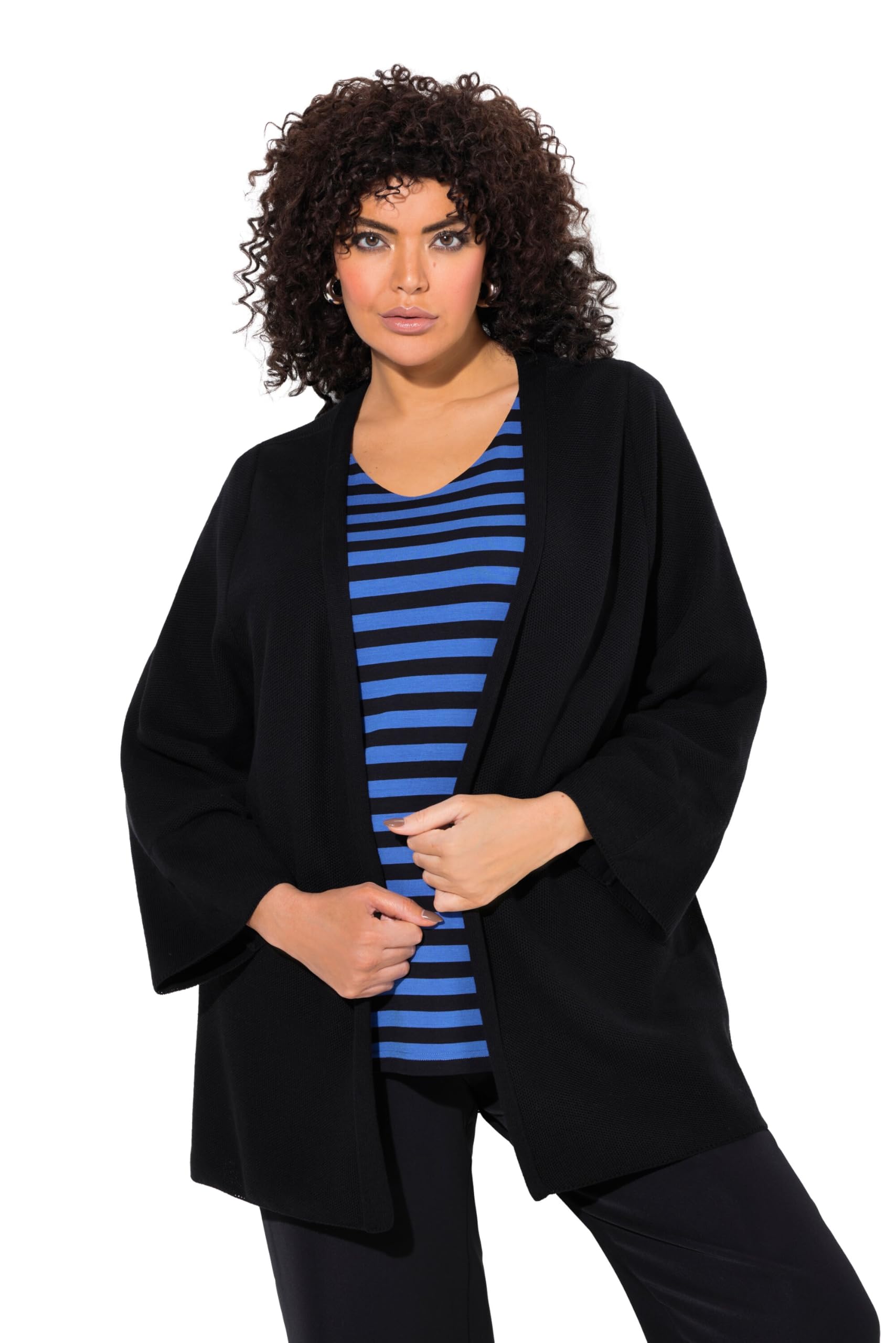 Ulla Popken Damen große Größen Übergrößen Plus Size Strickjacke, A-Linie, offene Form, V-Ausschnitt, 3/4-Arm 836209