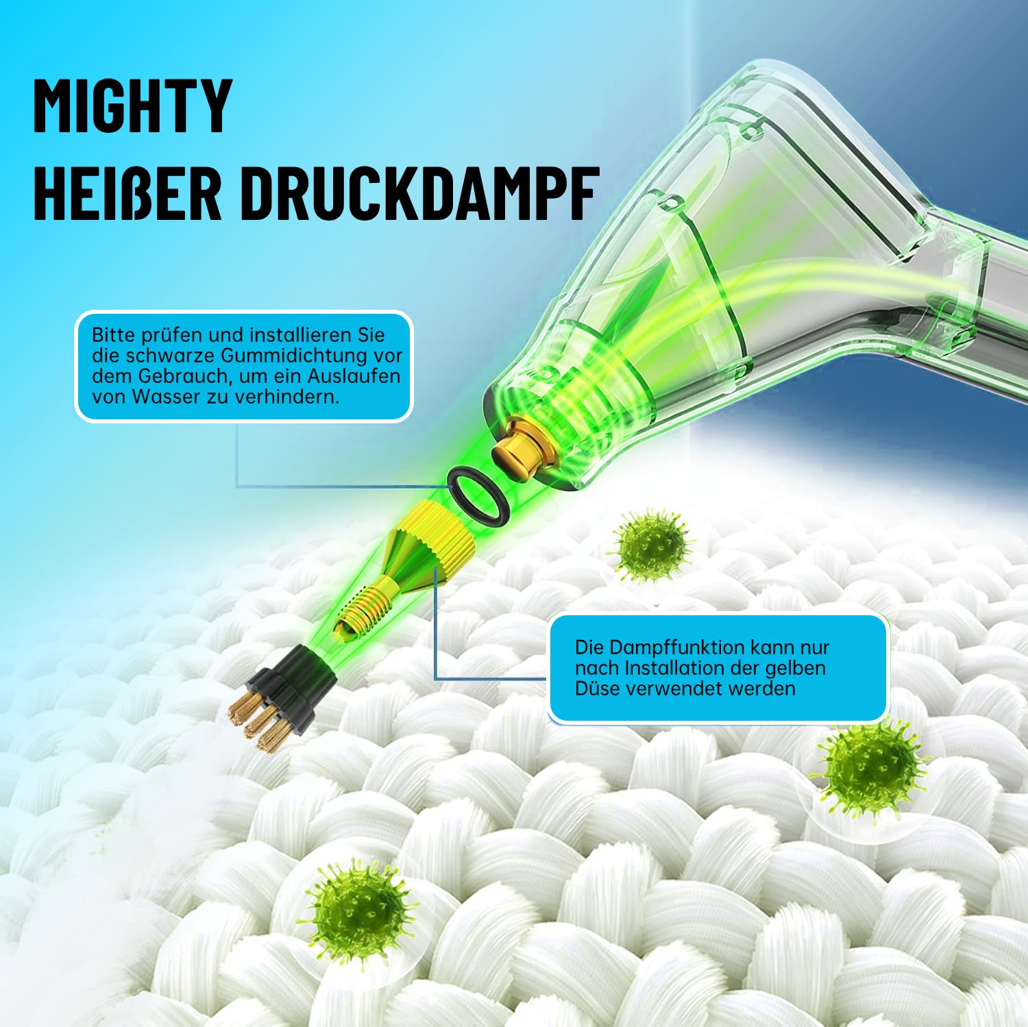 Dampfreiniger Handgerät,Steam Cleaner mit 1500ML Tank,Tragbarer Hochdruck Dampfreiniger mit 3 Arten von Düsen,6 Einstellbare Geschwindigkeiten von Polstermöbel, Küche, Badezimmer, Auto