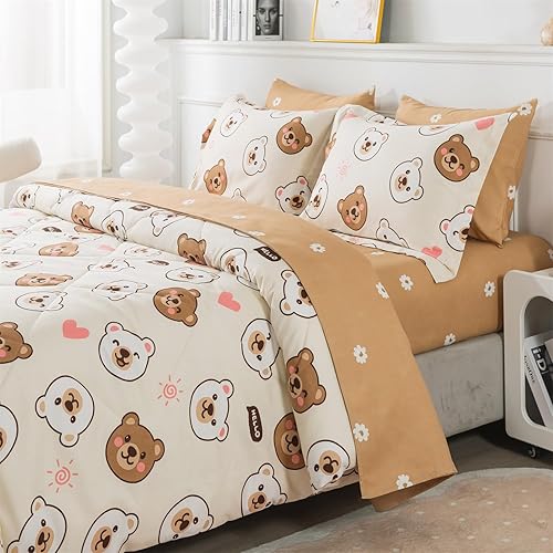 Jameswish Juego de edredón de 7 piezas con diseño de oso lindo tamaño individual para niñas, niños y adolescentes, ropa de cama Kawaii con animales