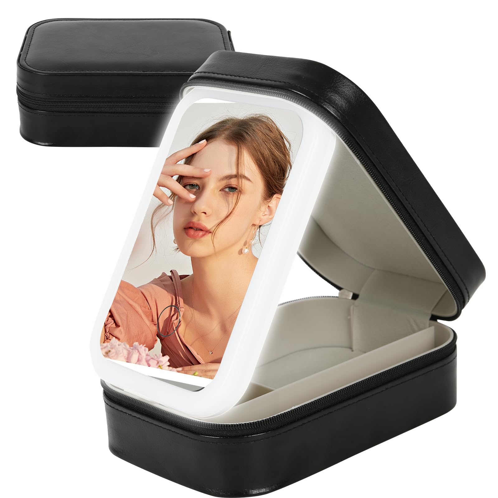 GDWD Neceser de maquillaje con espejo iluminado, bolsa de maquillaje con espejo de 3 colores, luz LED, organizador de viaje, maletín de maquillaje portátil, estuche de maquillaje con separadores, Negro ,