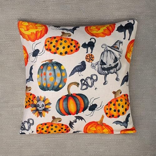 Miniatura 3 de Gesyesor Fundas de almohada decorativas de Halloween de 18 x 18 pulgadas, diseño de calabaza, naranja y negro, funda de almohada de lino para sofá