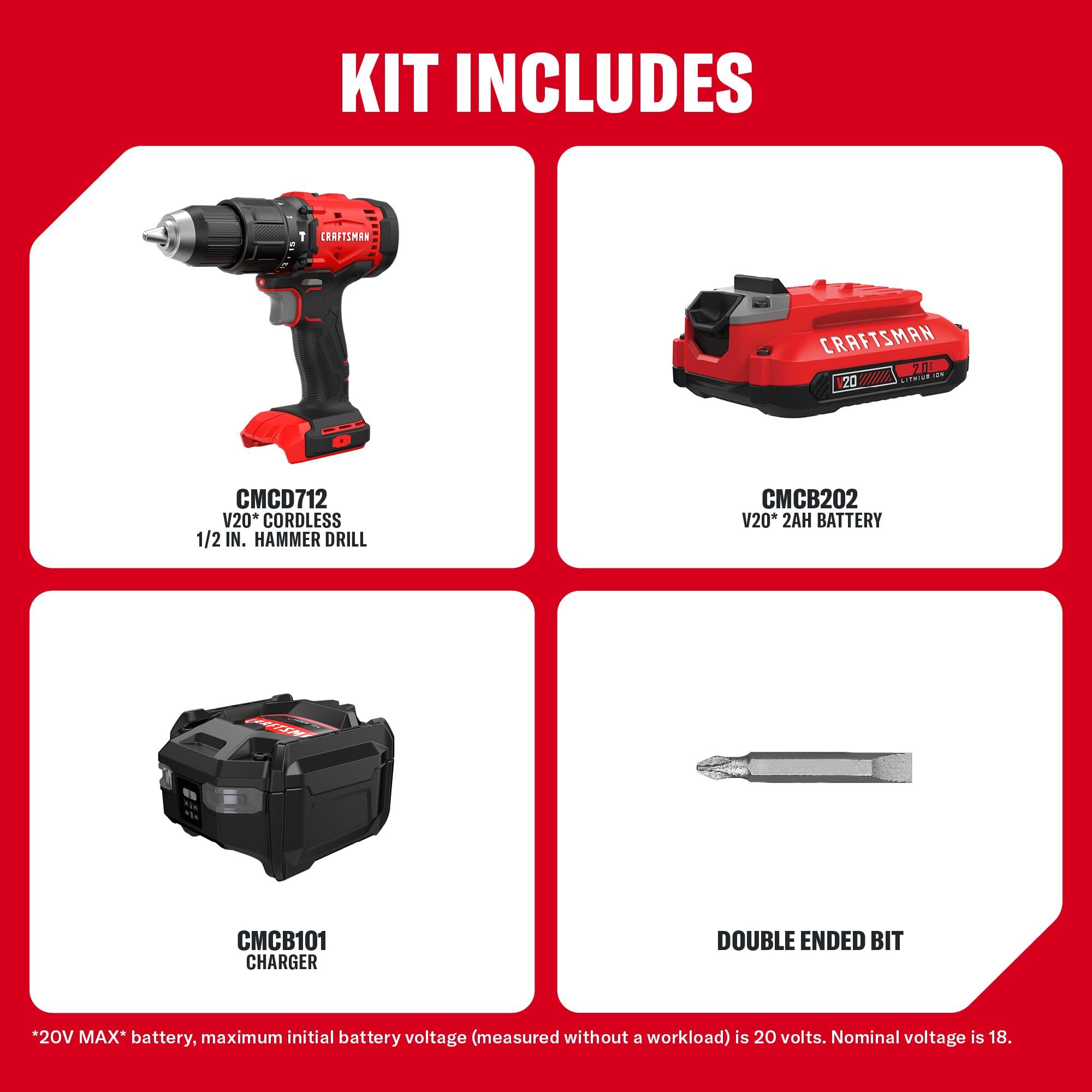 CRAFTSMAN Trapano a percussione senza fili, 20 V, max 1/2, include batteria (2 Ah), caricatore e punta doppia, trapano a percussione a velocità variabile con luce LED (CMCD712D1)