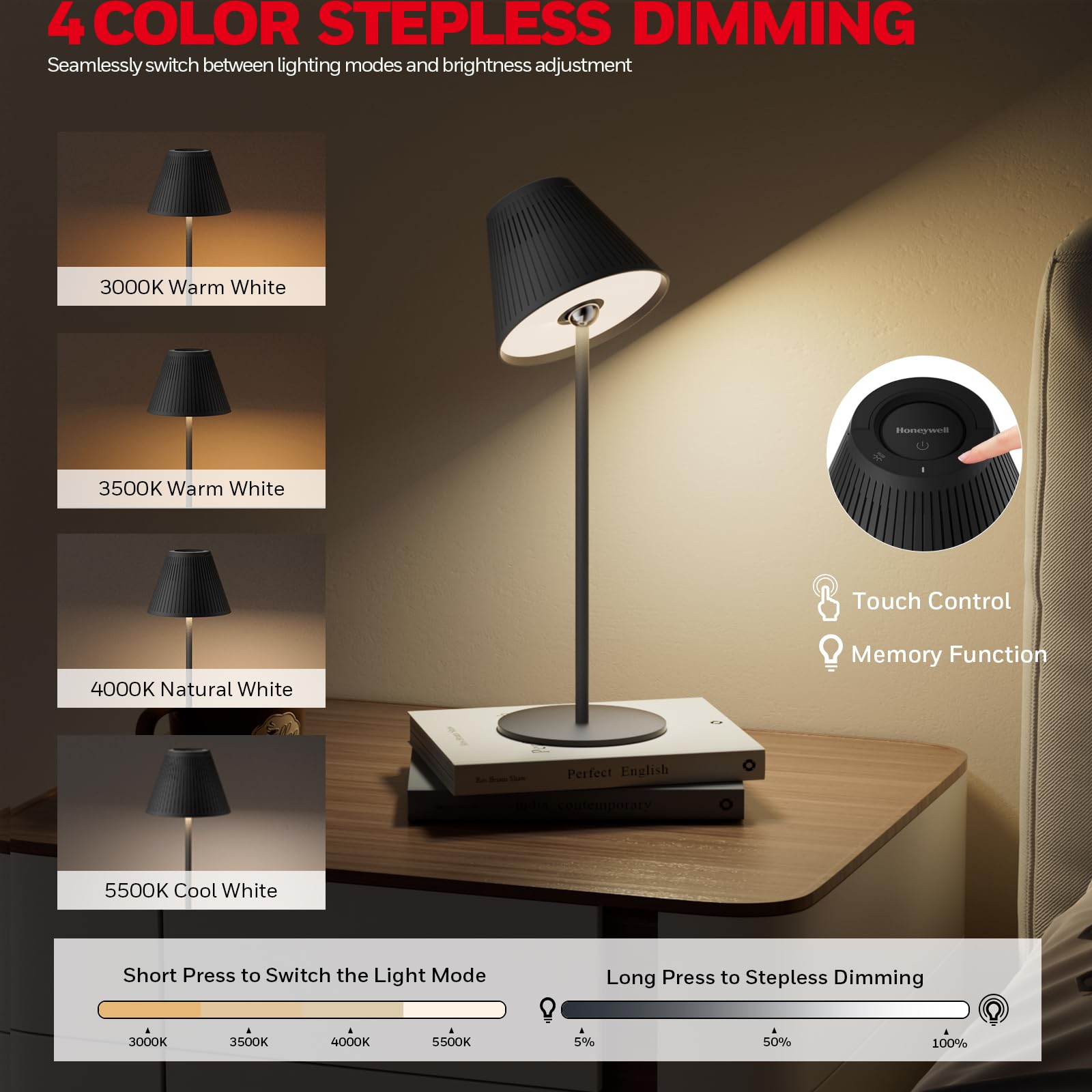 Honeywell Lampe de Table LED Sans Fil Rechargeable Lot de 2 avec RGB, 4 Modes de Couleur Lampe de Bureau Chevet Dimmable Contrôle Tactile Lampe pour Café Chambre Salon Noir