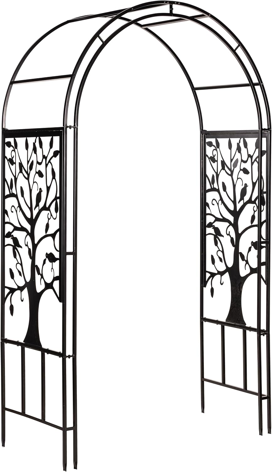 Plow & Hearth Metal Garden Arch Trellis Arbor Tree of Life Panels, 7 feet Freestanding Outdoor Arch Trellis for Climbing Plants, Pathway Entry and Wedding Garden Decor