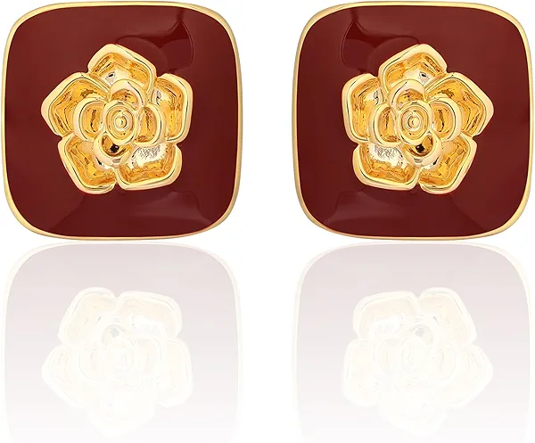 Chunky Gold Earrings Stud for Women Square Black Flower Stud Earrings Red Statement Earrings Dainty Large Retro Earrings Party Jewelry Gifts for Women